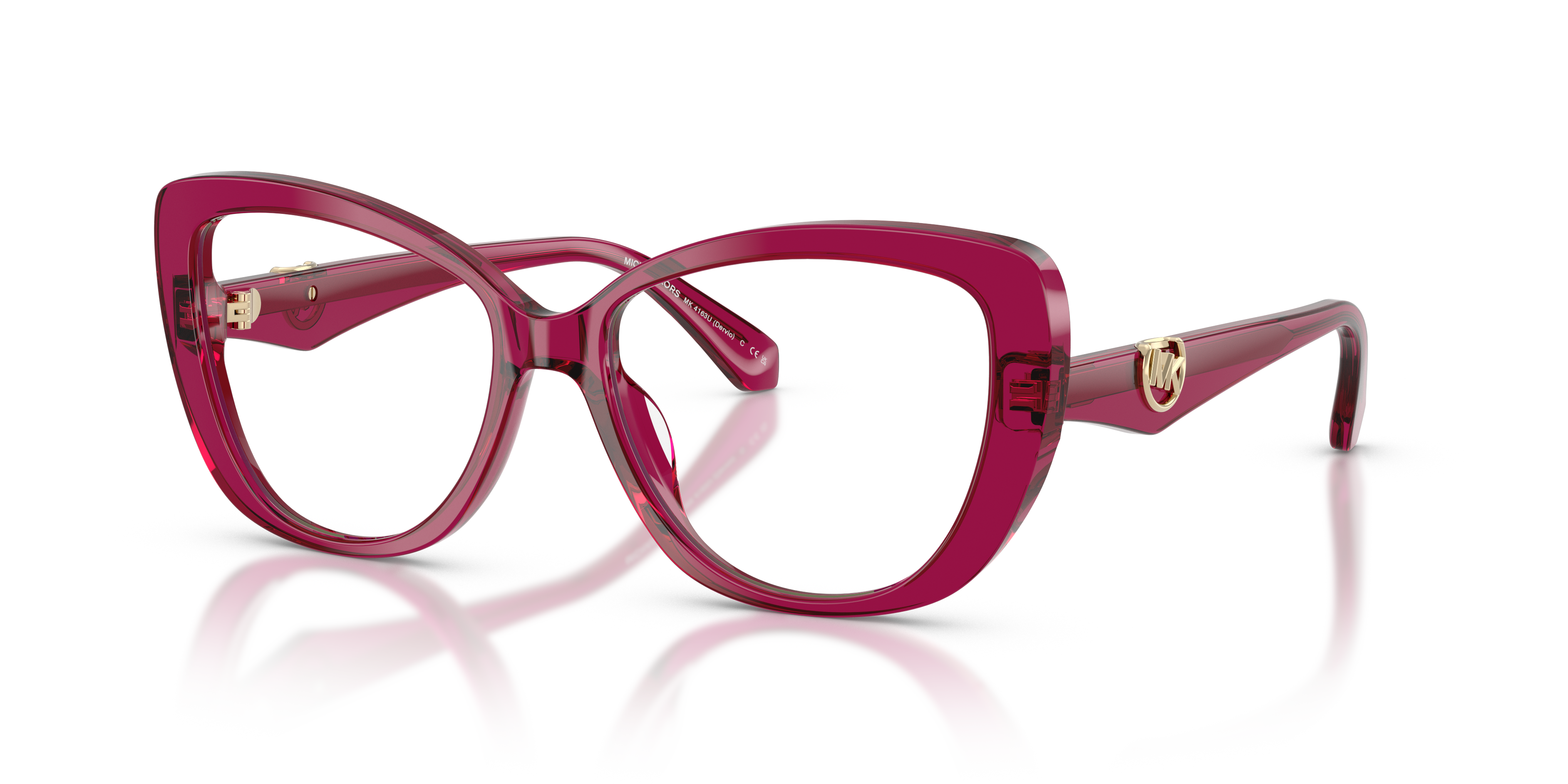 Occhiali da sole Michael Kors Dervio 0MK4163U Transparent Plum per donna, con montatura trasparente color prugna su sfondo ch