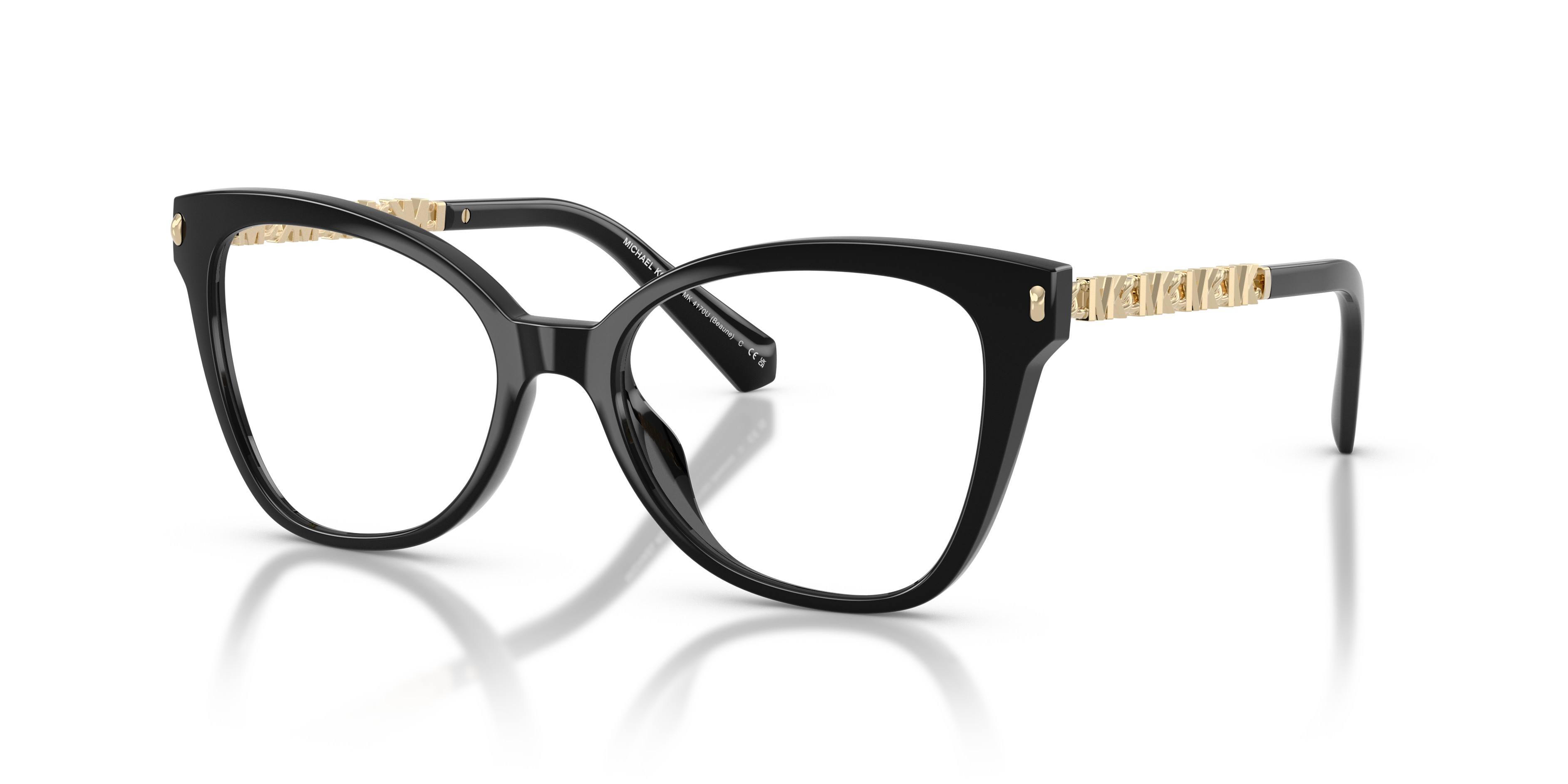 Occhiali da sole Michael Kors Beaune 0MK4170U neri da donna, visti di fronte con lenti scure e montatura lucida. Un accessori