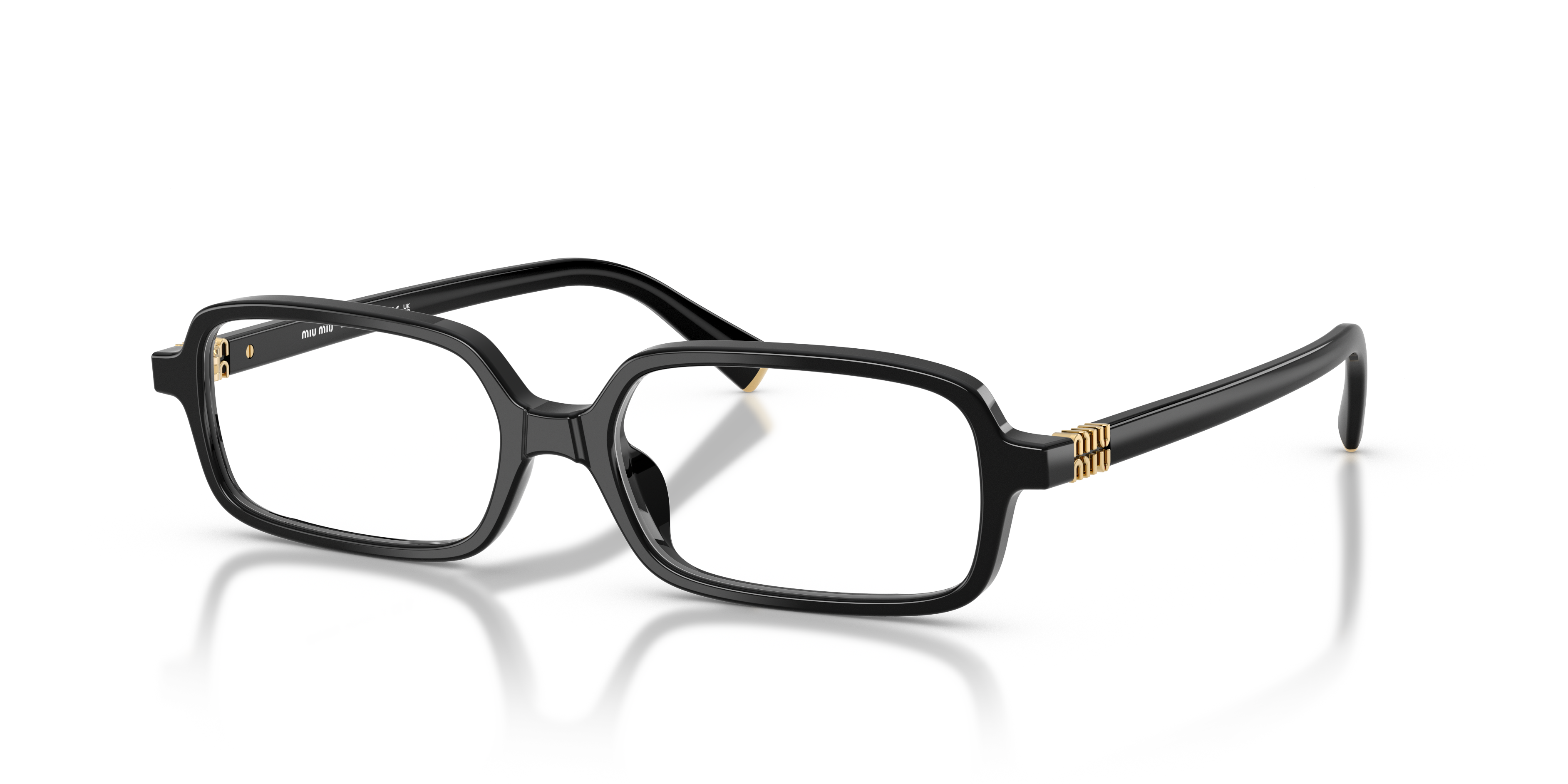 Occhiali da sole Miu Miu MU 01YV neri da donna con montatura cat-eye, visti frontalmente su sfondo chiaro, che mostrano la br