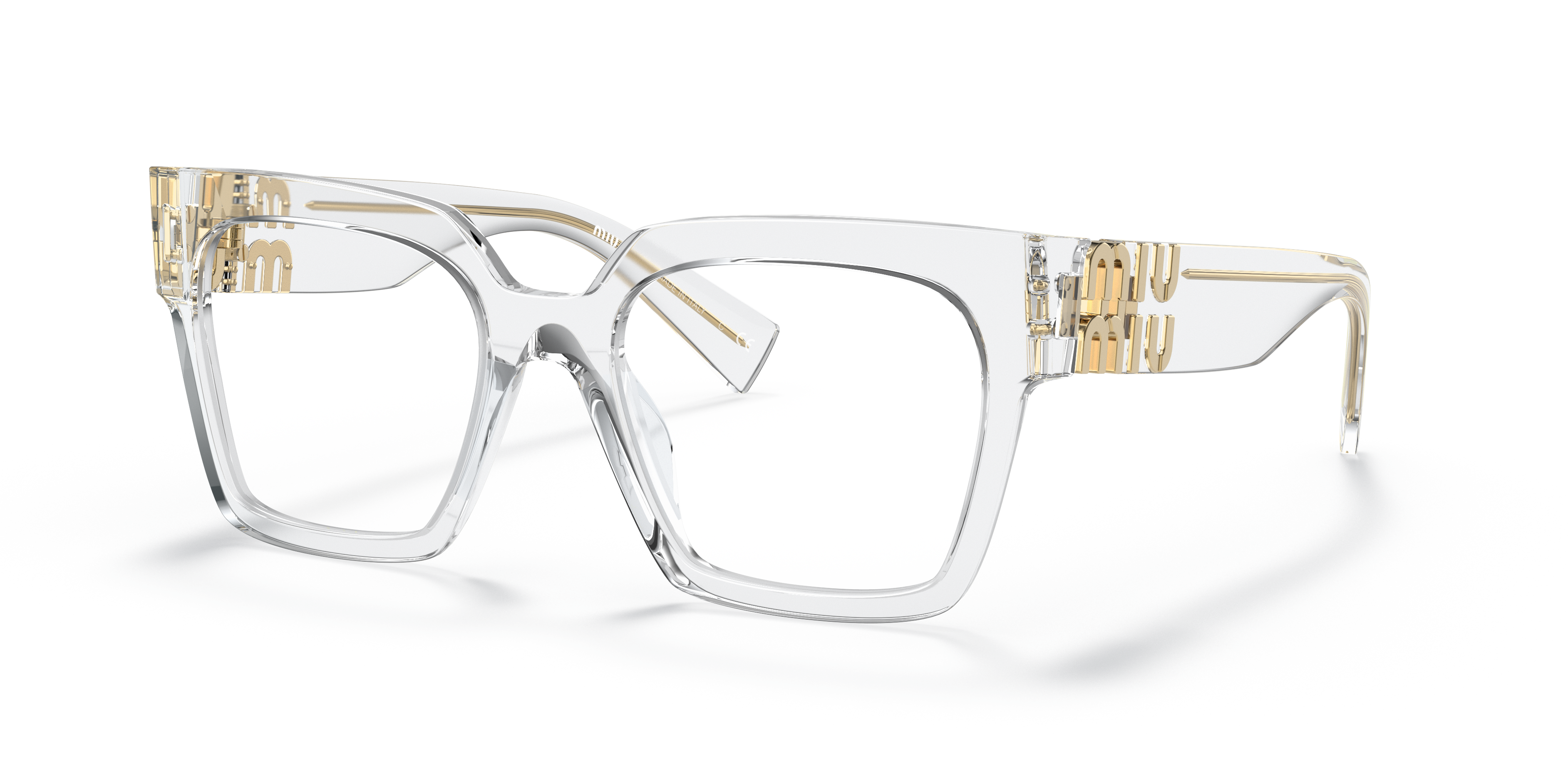 Occhiali da sole Miu Miu 0MU 04UV Crystal da donna con montatura trasparente e lenti grigie scure, indossati su un viso femmi