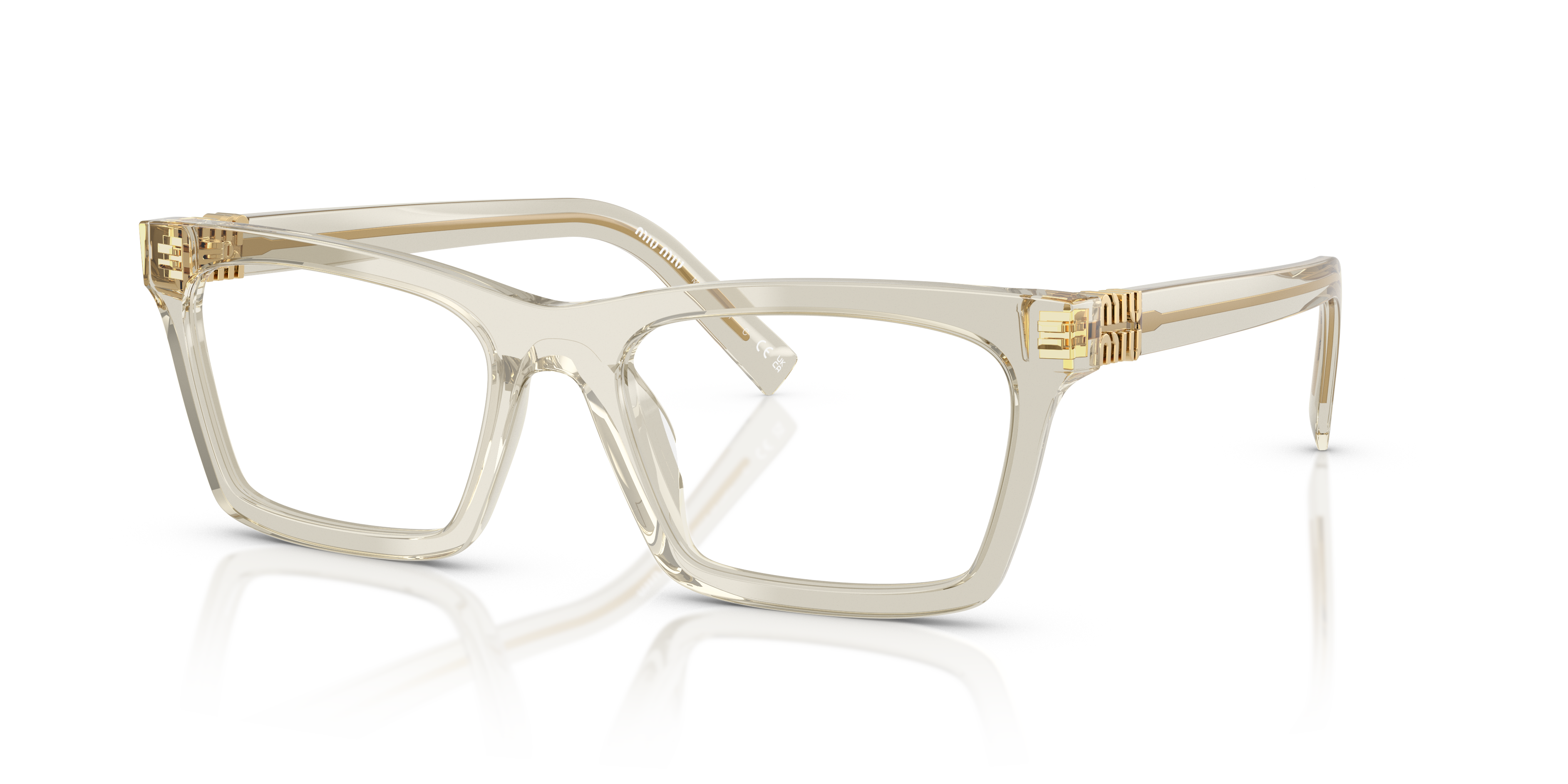 Occhiali da sole Miu Miu 0MU 04WV Hemp Transparent per donna, montatura squadrata chiara e lenti scure, mostrati su sfondo ne