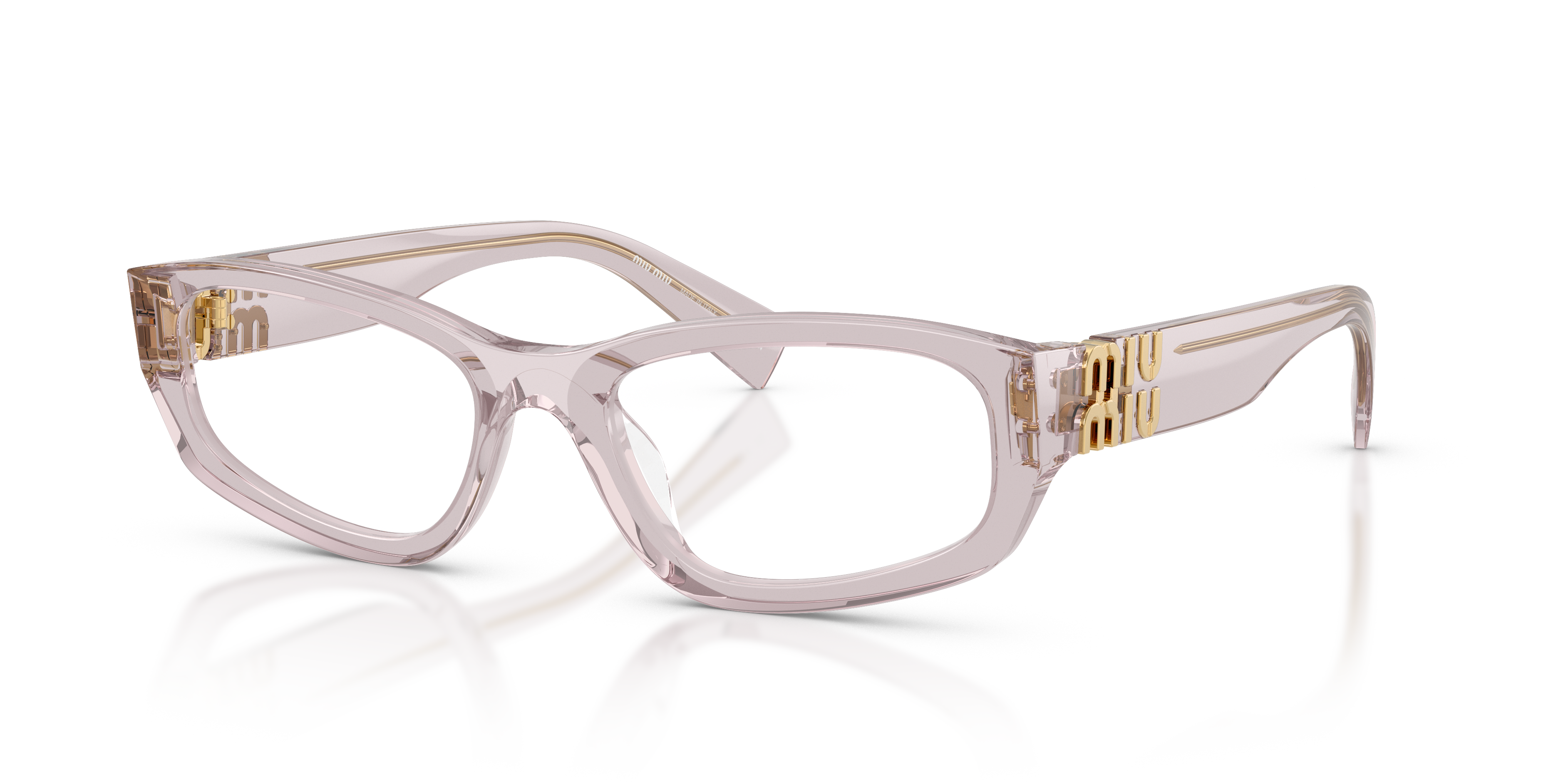 Occhiali da sole Miu Miu 0MU 04YV da donna, montatura trasparente color Mauve con lenti scure e logo sulle aste.