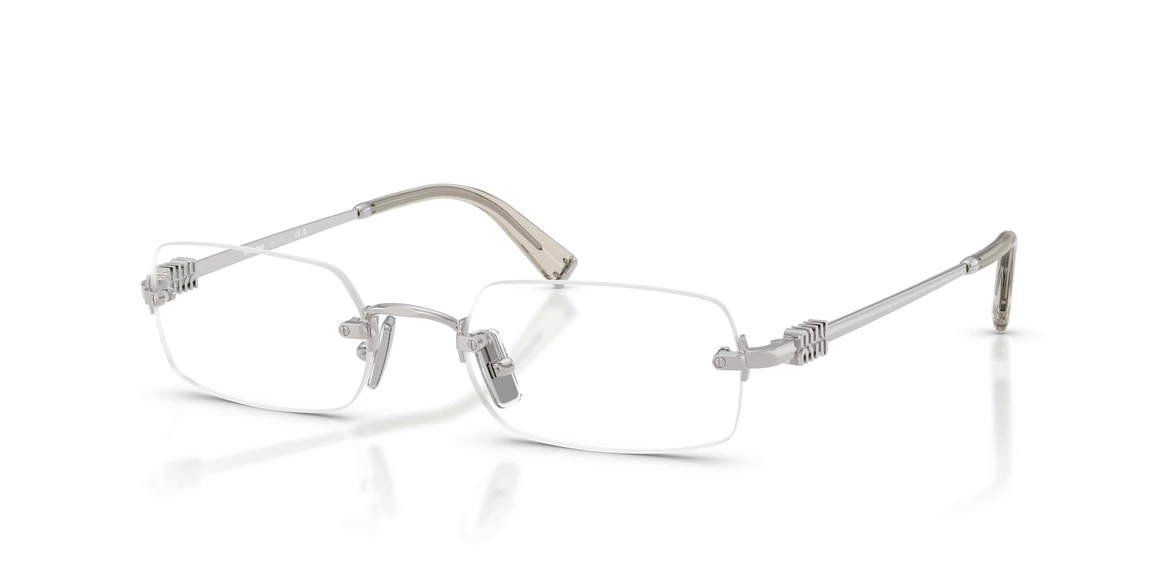 Occhiali da sole Miu Miu 0MU 50YV da donna con montatura geometrica in metallo colore argento e lenti scure, posti su uno sfo