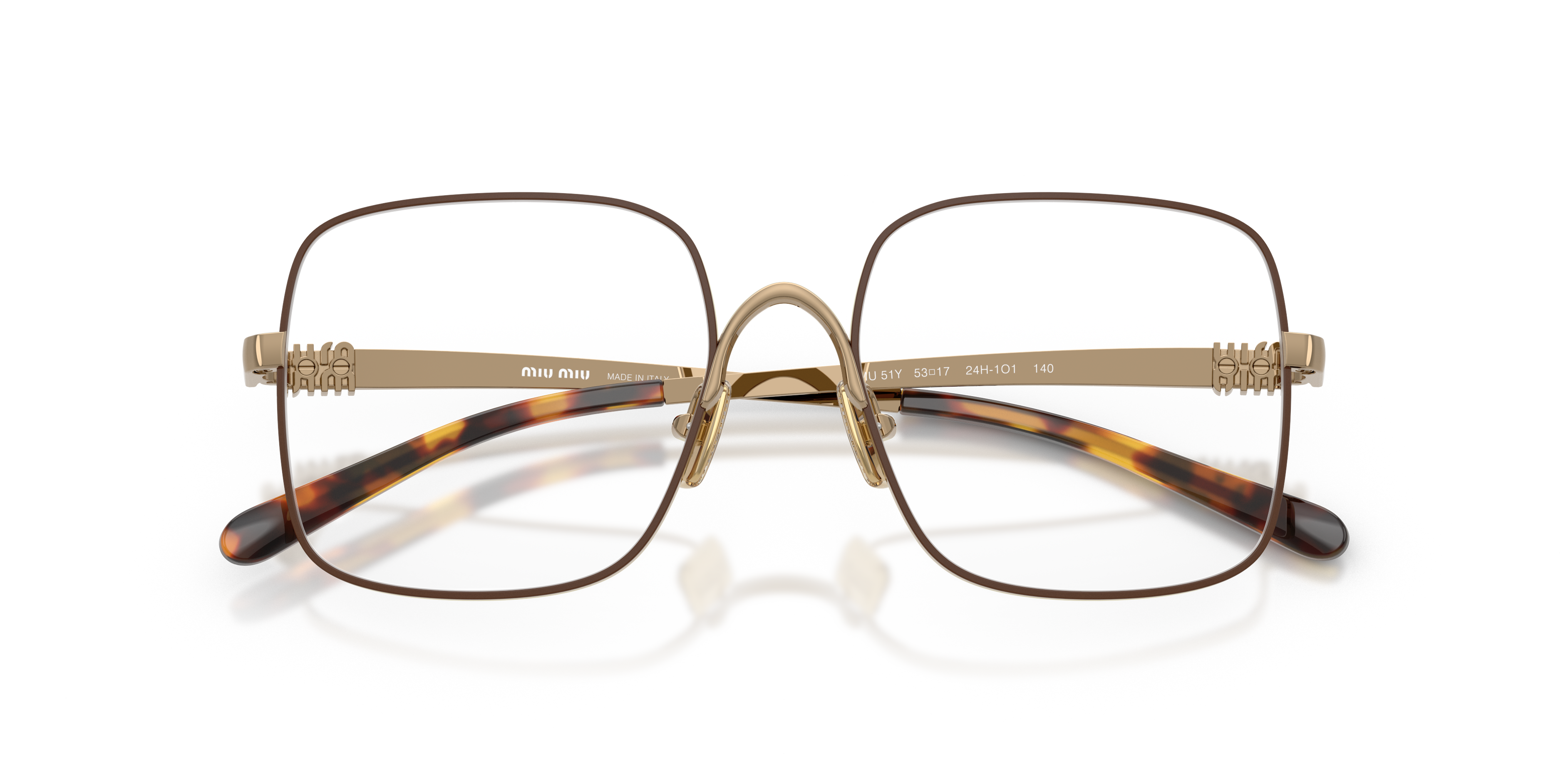Occhiali da sole Miu Miu MU 51YV da donna con montatura in metallo colore oro e lenti scure, mostrati frontalmente su sfondo