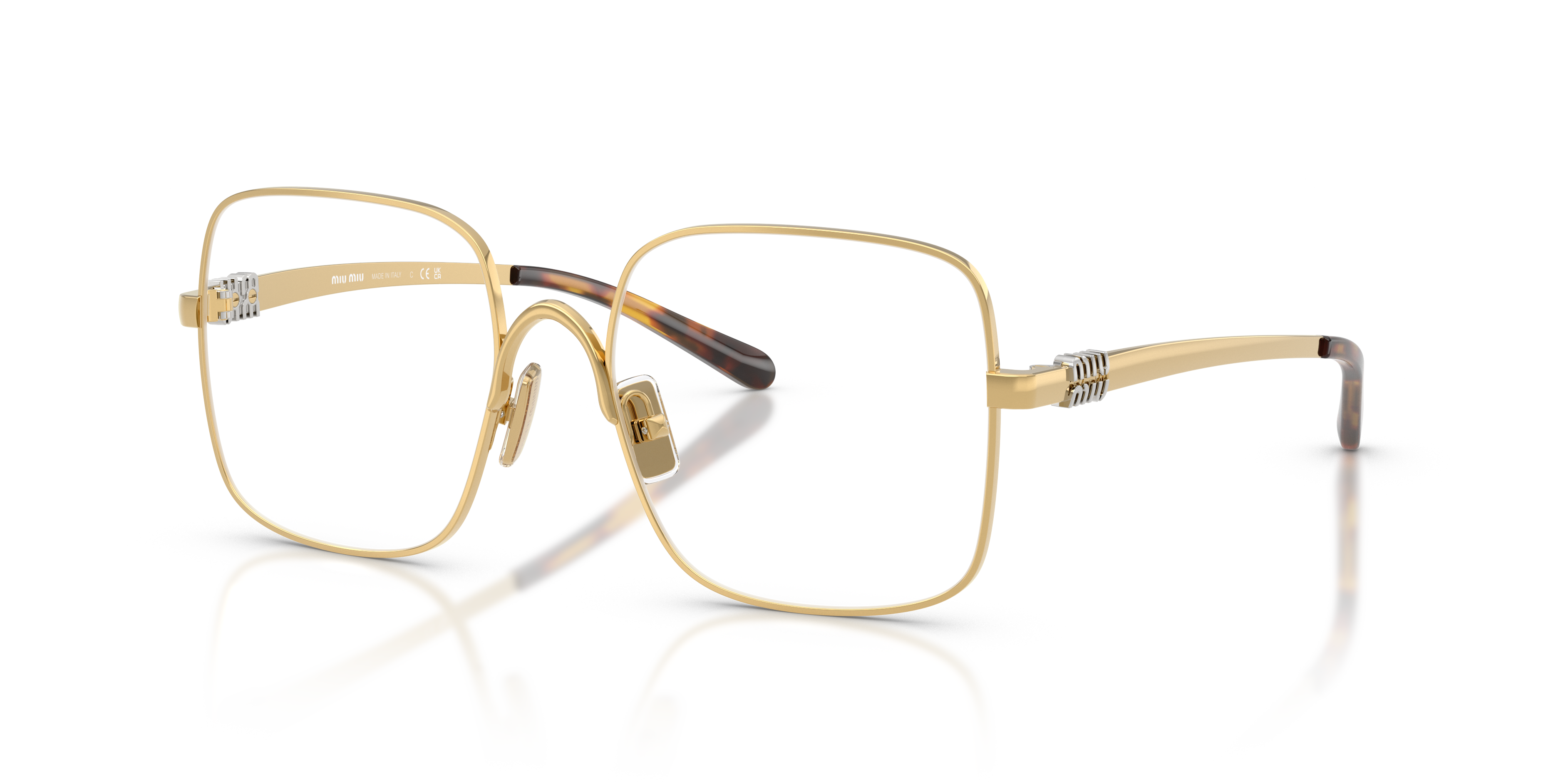 Occhiali da sole Miu Miu MU 51YV da donna con montatura in metallo colore oro e lenti scure, mostrati frontalmente su sfondo