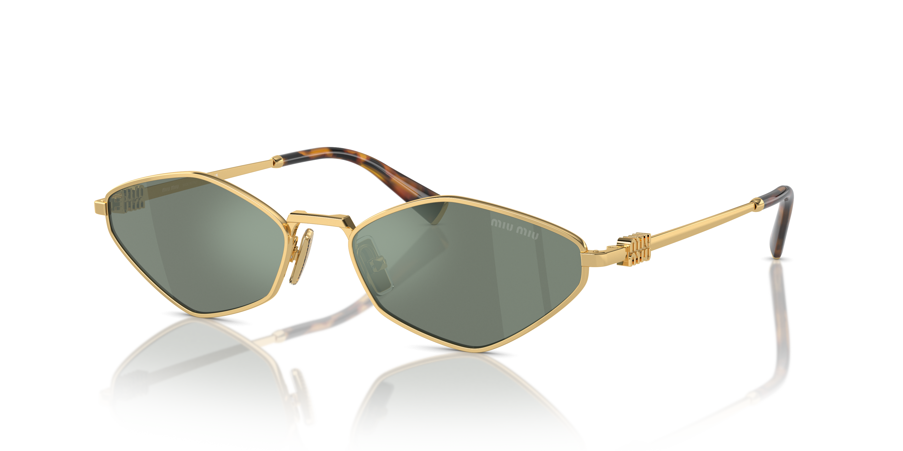 Occhiali da sole Miu Miu MU 56ZS da donna con montatura in metallo color oro e lenti scure, mostrati frontalmente.