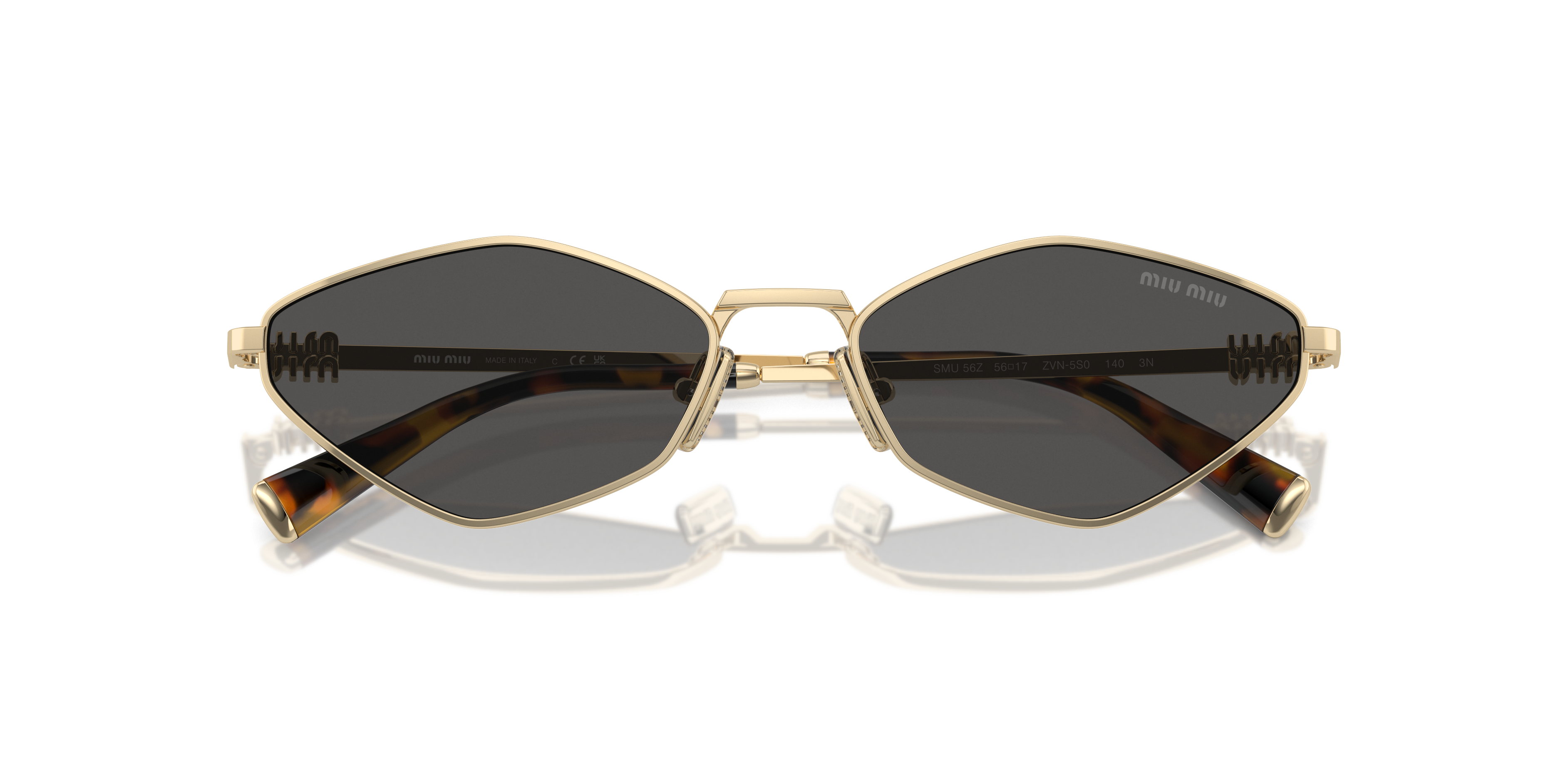 Occhiali da sole Miu Miu MU 56ZS da donna con montatura in metallo color oro e lenti scure, mostrati frontalmente.