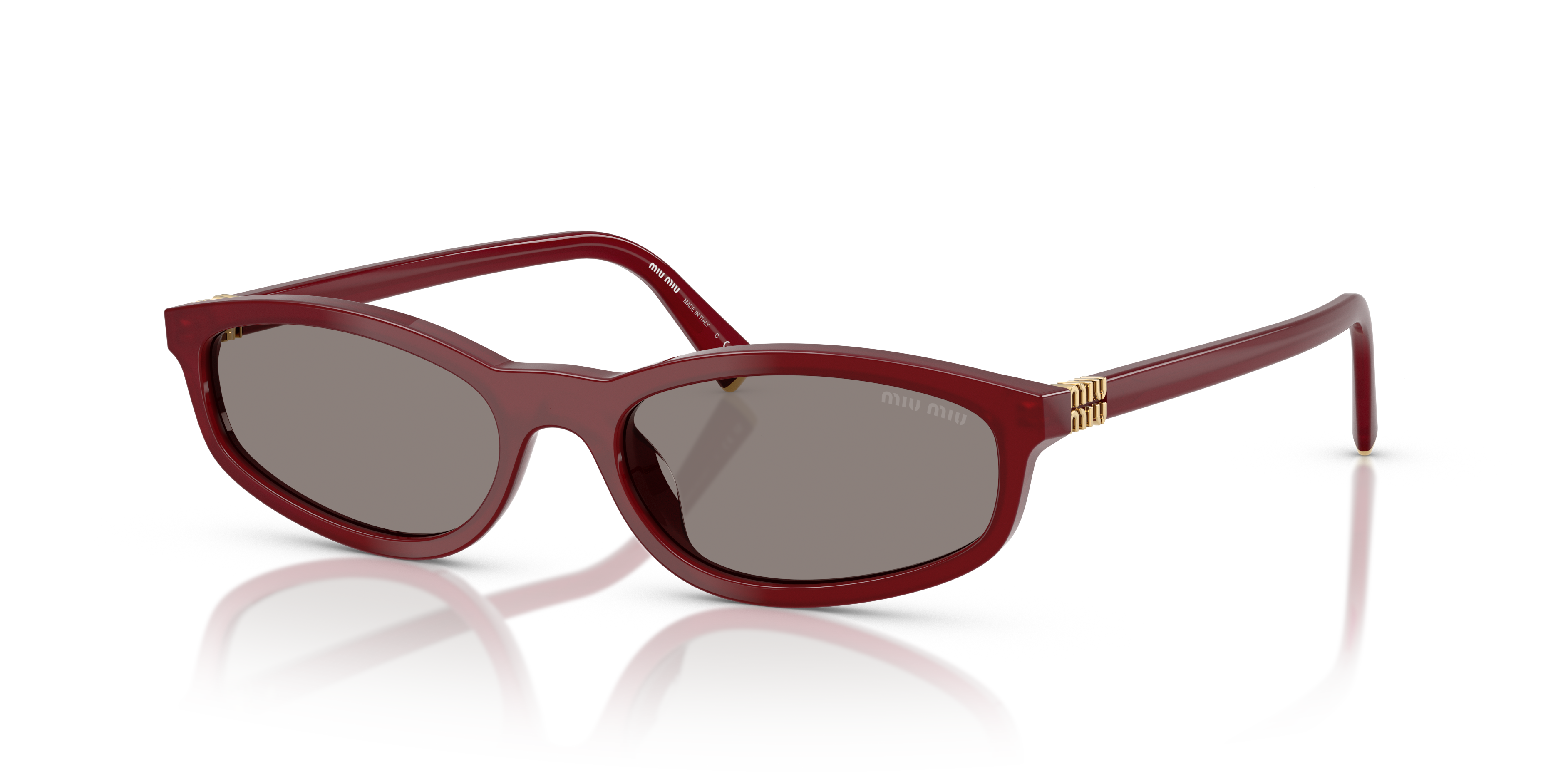 Occhiali da sole Miu Miu MU A06S da donna di colore bordeaux opale, montatura in acetato in stile cat-eye, con lenti scure, m