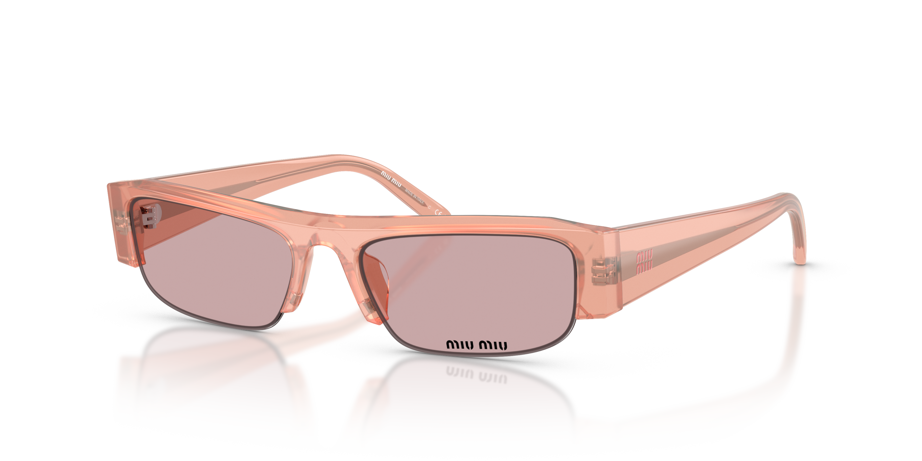 Occhiali da sole Miu Miu MU B07S Opaline Pink per donna, visti frontalmente con astine aperte su sfondo bianco.