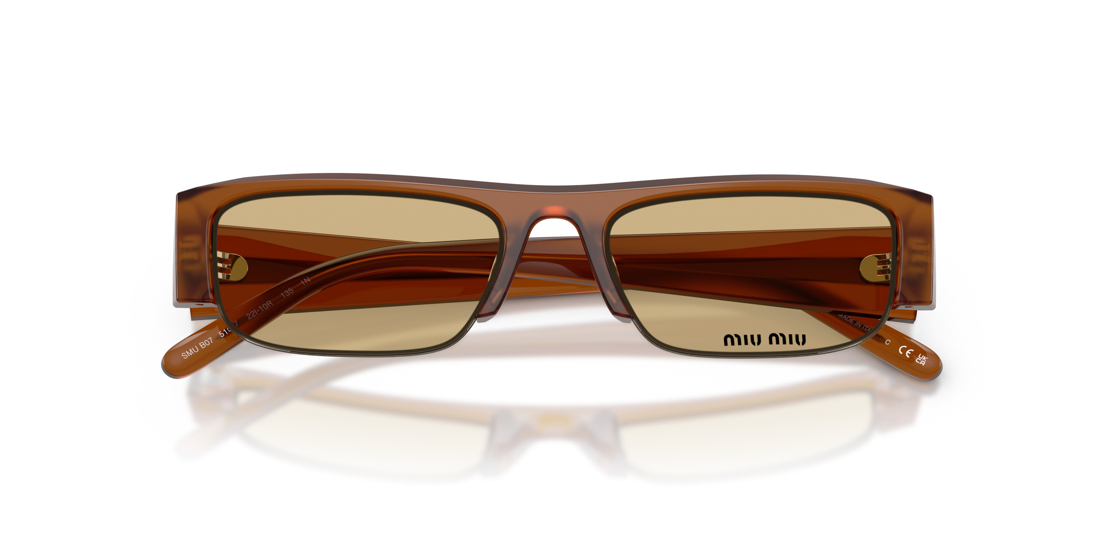 Occhiali da sole Miu Miu MU B07S Opaline Pink per donna, visti frontalmente con astine aperte su sfondo bianco.