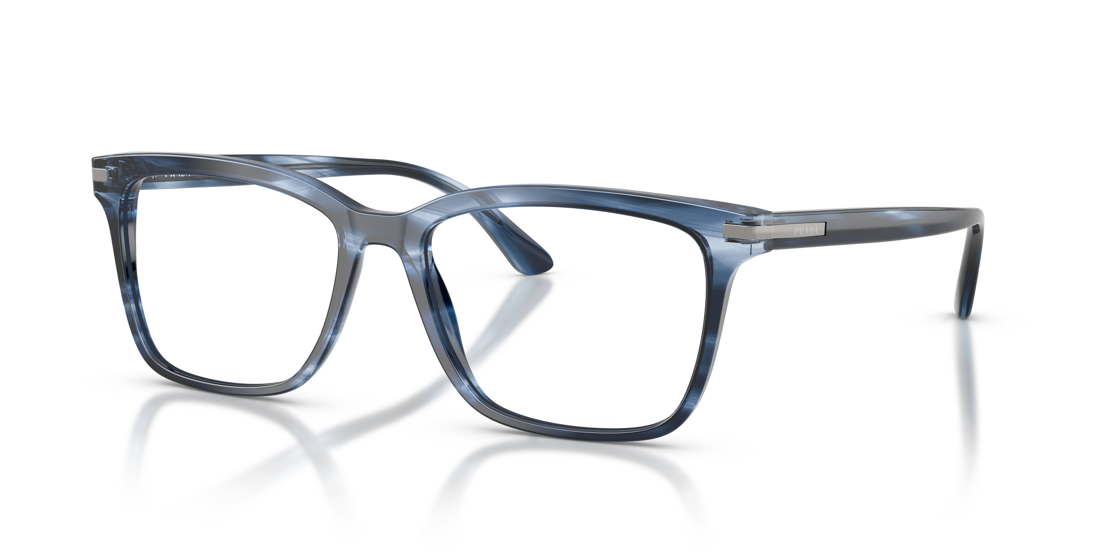 Occhiali da sole Prada PR 14WV da uomo in colore Blu Striato, con montatura in acetato lucido e lenti scure, presentati su sf