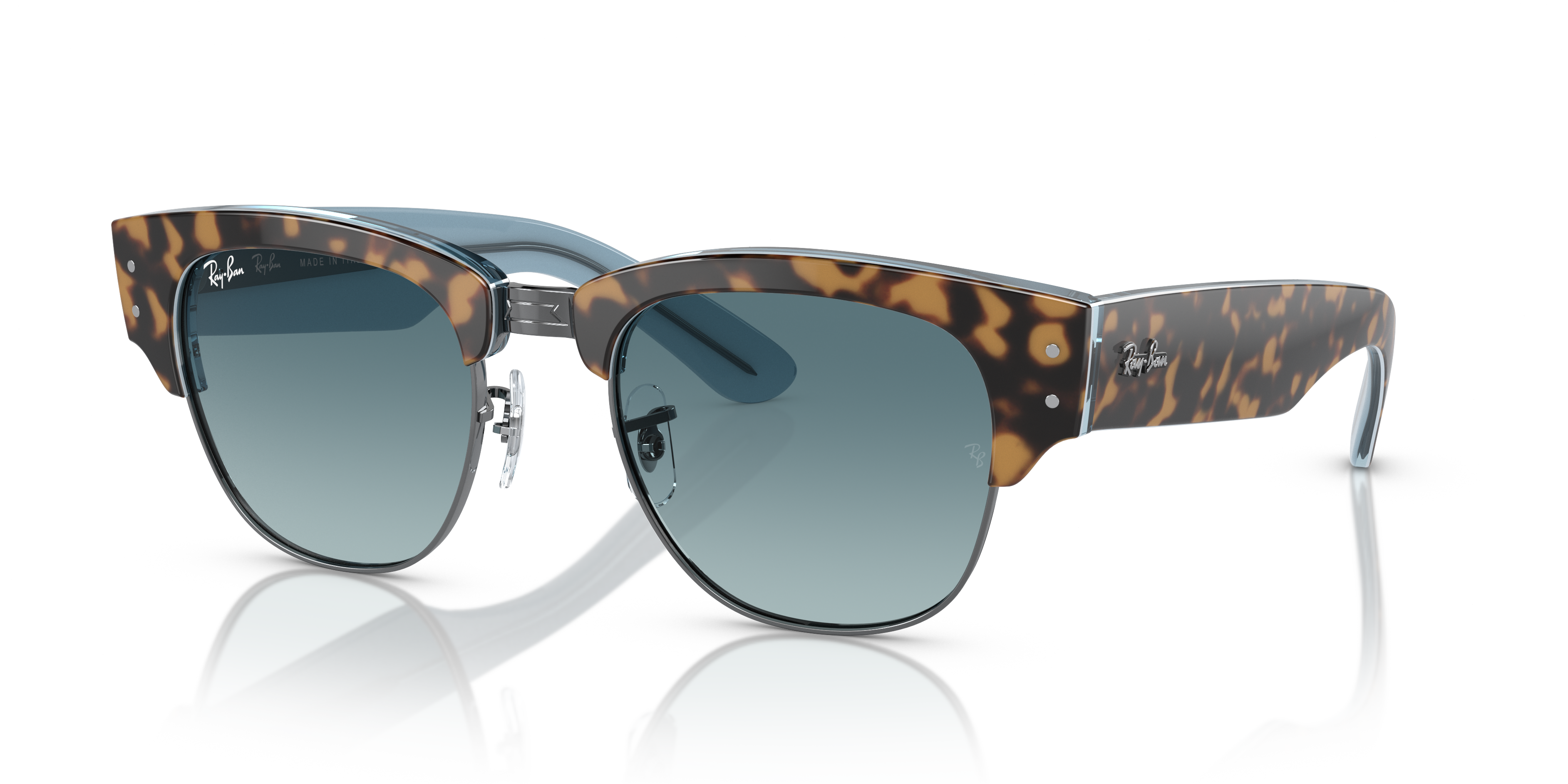 Occhiali da sole Ray-Ban Mega Clubmaster 0RB0316S unisex, montatura Havana con dettagli blu e lenti scure, mostrati frontalme