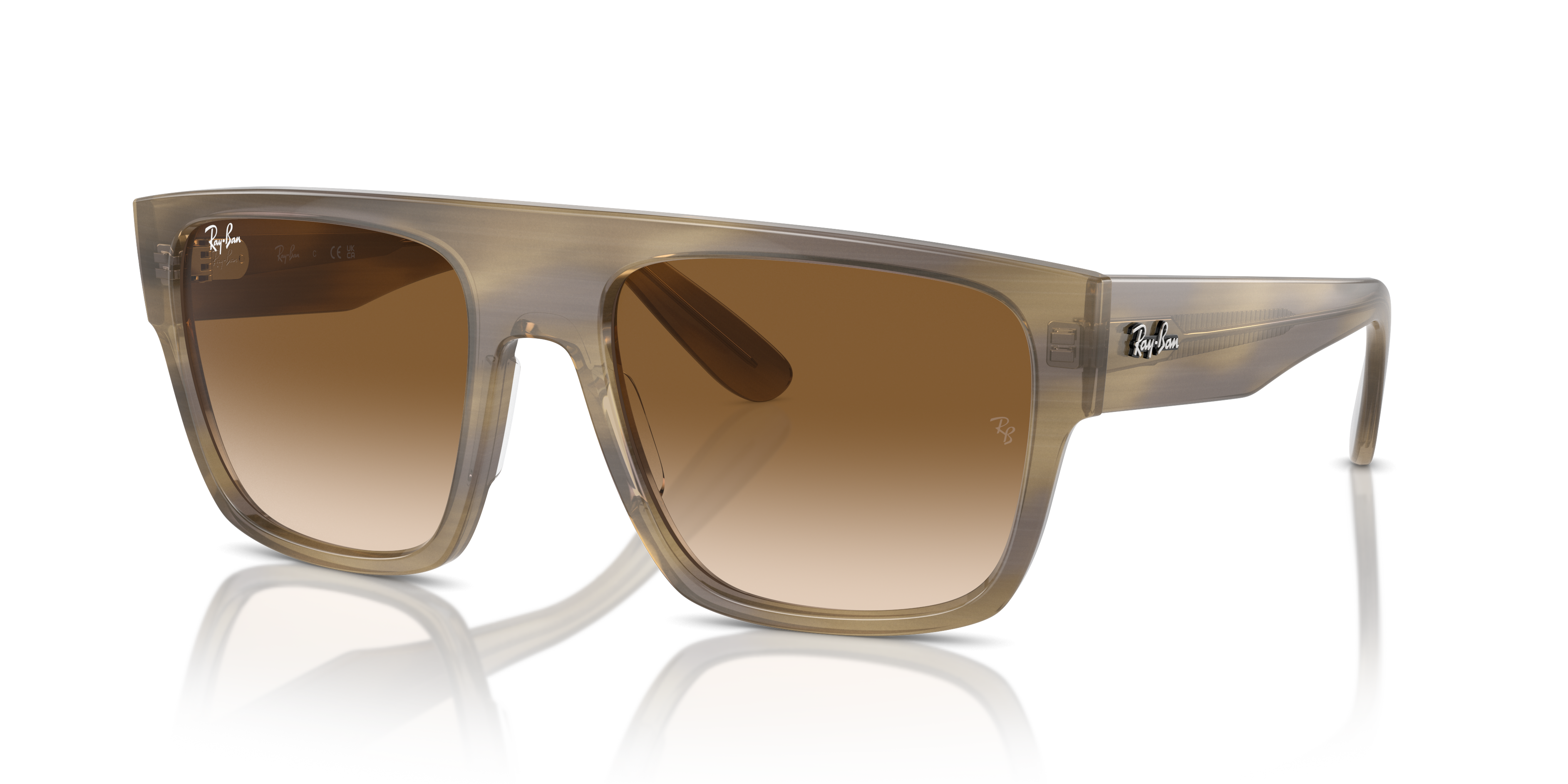 Occhiali da sole Ray-Ban Drifter 0RB0360S Striped Green da uomo e donna, posati su una superficie chiara con sfondo sfocato.