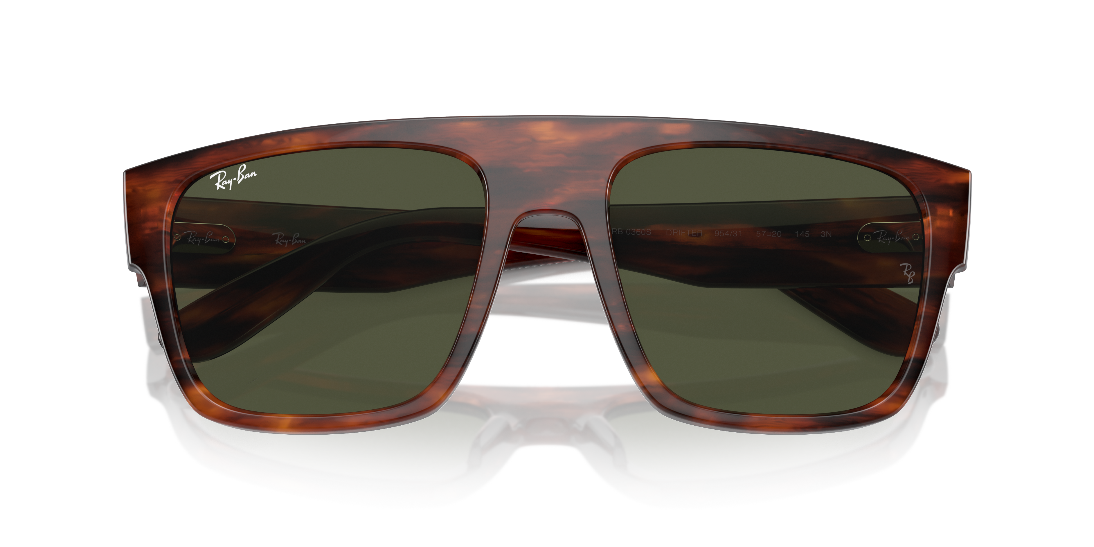 Occhiali da sole Ray-Ban Drifter 0RB0360S Striped Green da uomo e donna, posati su una superficie chiara con sfondo sfocato.