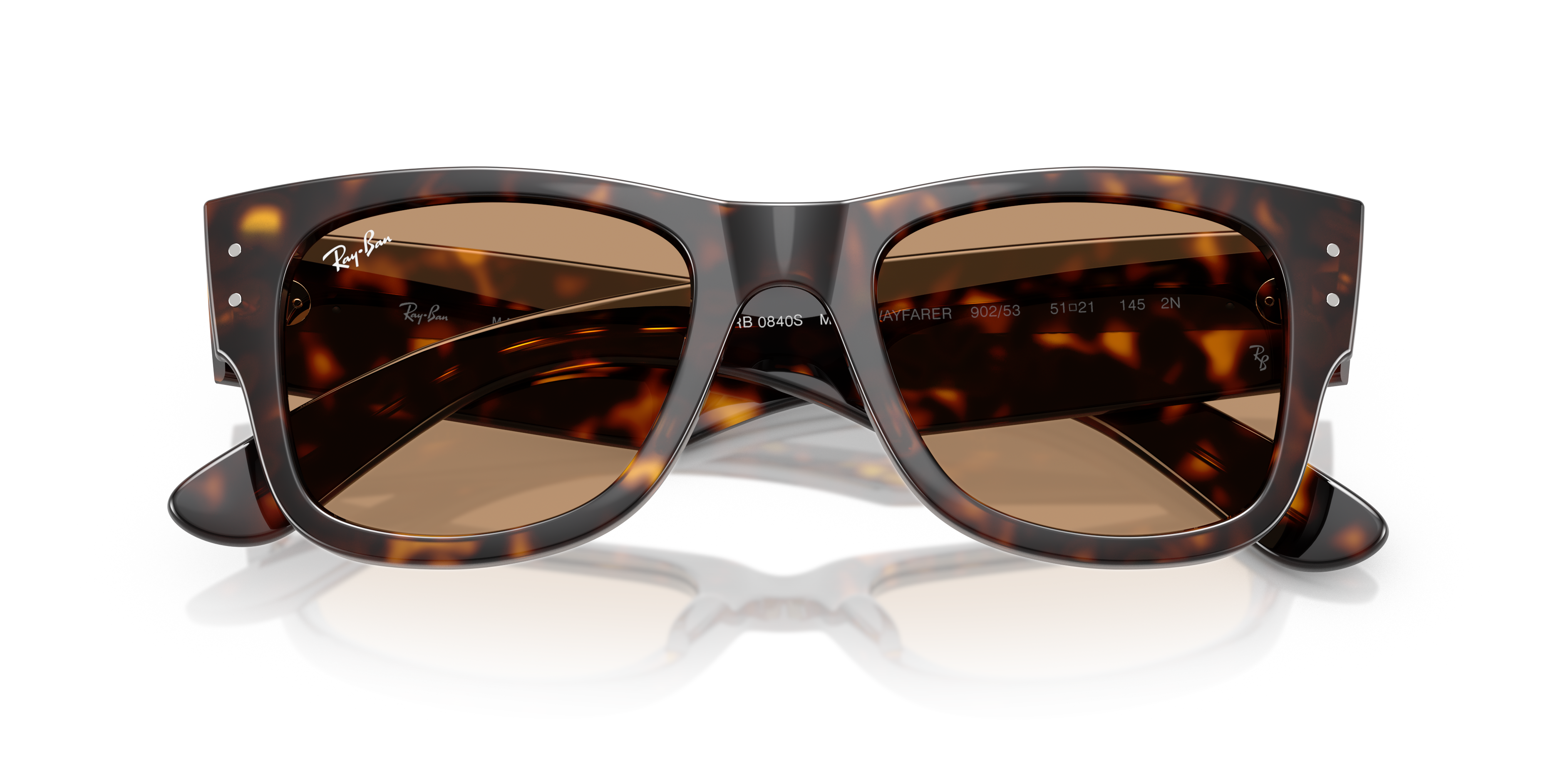 Occhiali da sole Ray-Ban Mega Wayfarer 0RB0840S unisex con montatura marrone chiaro trasparente e lenti scure, visti frontalm