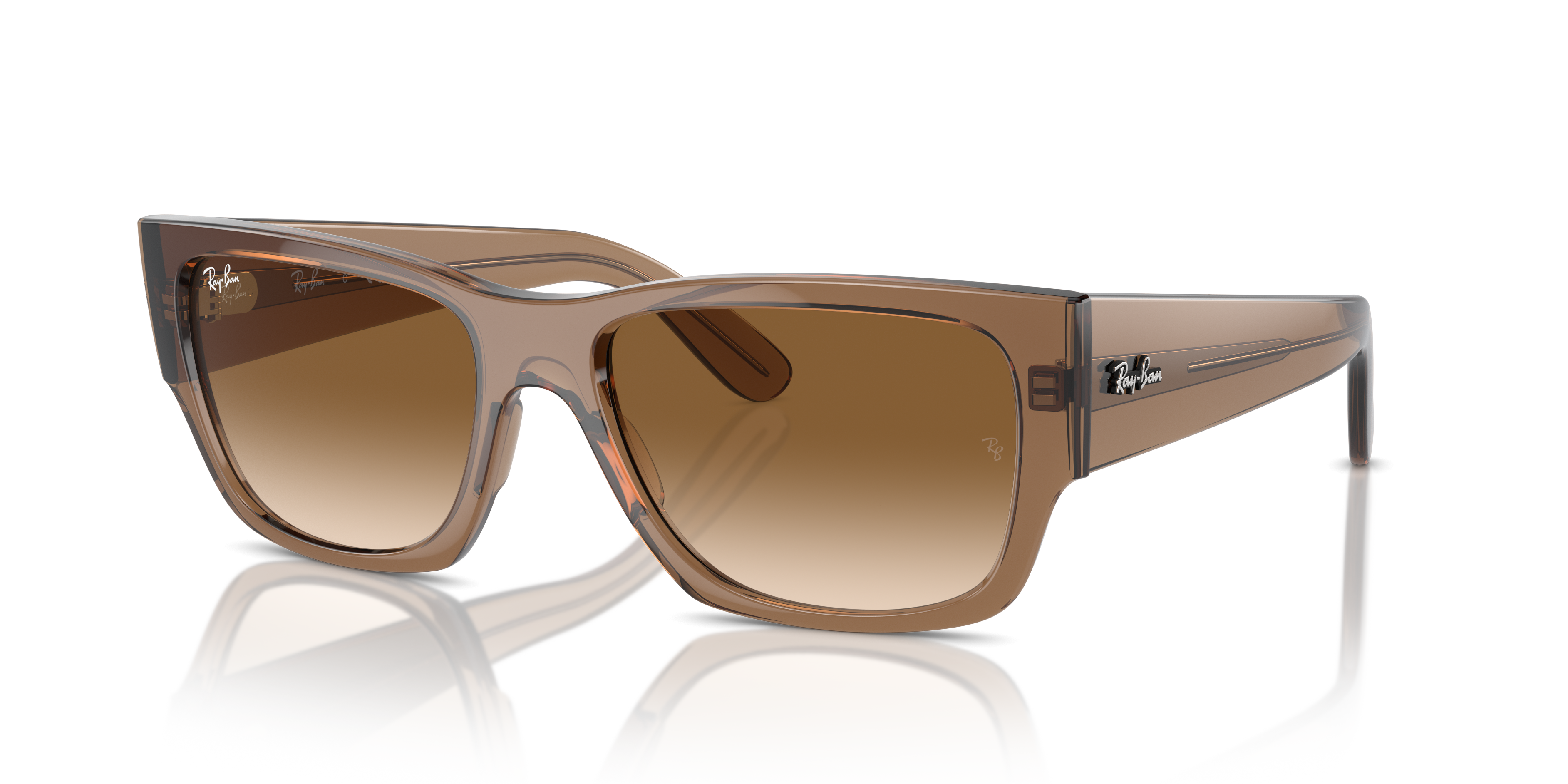Occhiali da sole Ray-Ban Carlos 0RB0947S Transparent Light Brown unisex, visti di fronte su sfondo chiaro.