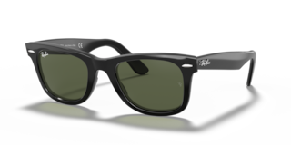 Occhiali da sole Ray-Ban Wayfarer neri originali, modello 0RB2140F, visti frontalmente su sfondo bianco con custodia e panno.