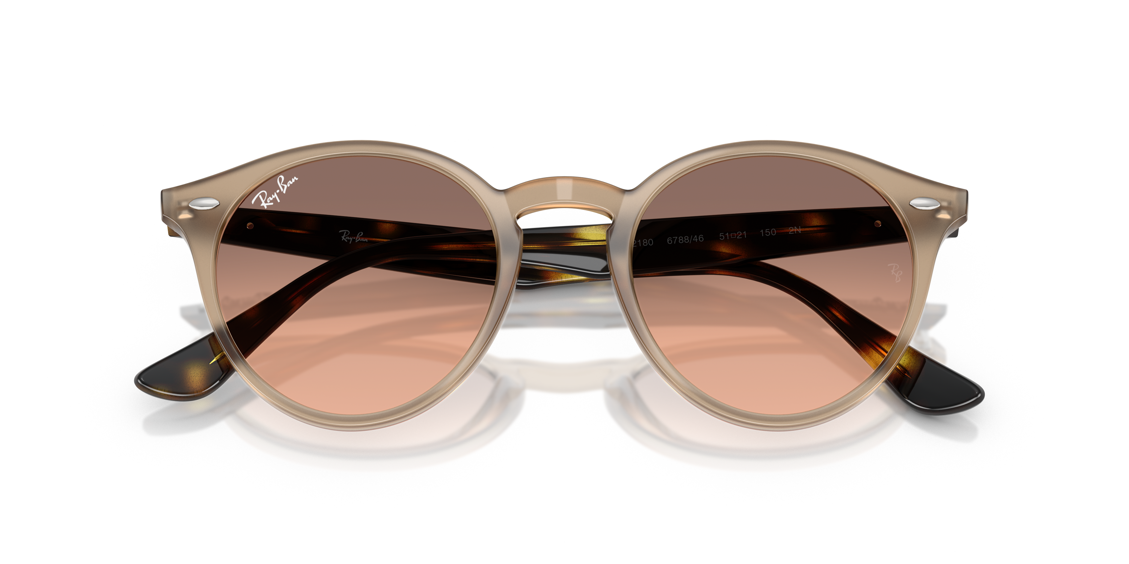 Primo piano di occhiali da sole Ray-Ban RB2180 neri con montatura tonda in acetato lucido e lenti scure, appoggiati su una su