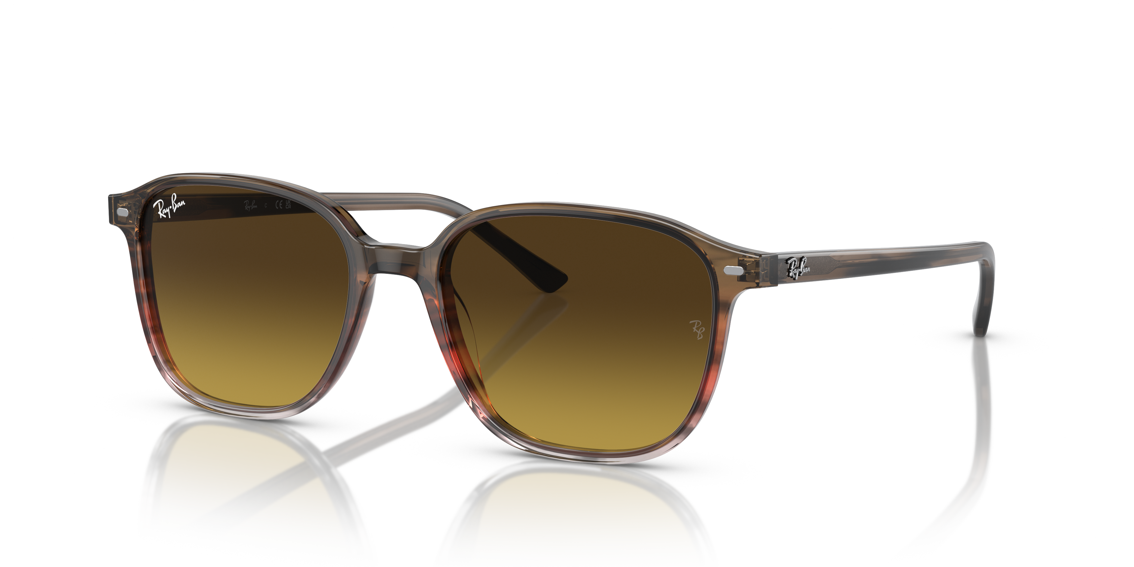 Occhiali da sole Ray-Ban Leonard 0RB2193 Striped Brown & Red appoggiati su una superficie chiara, che mostra la montatura sfu