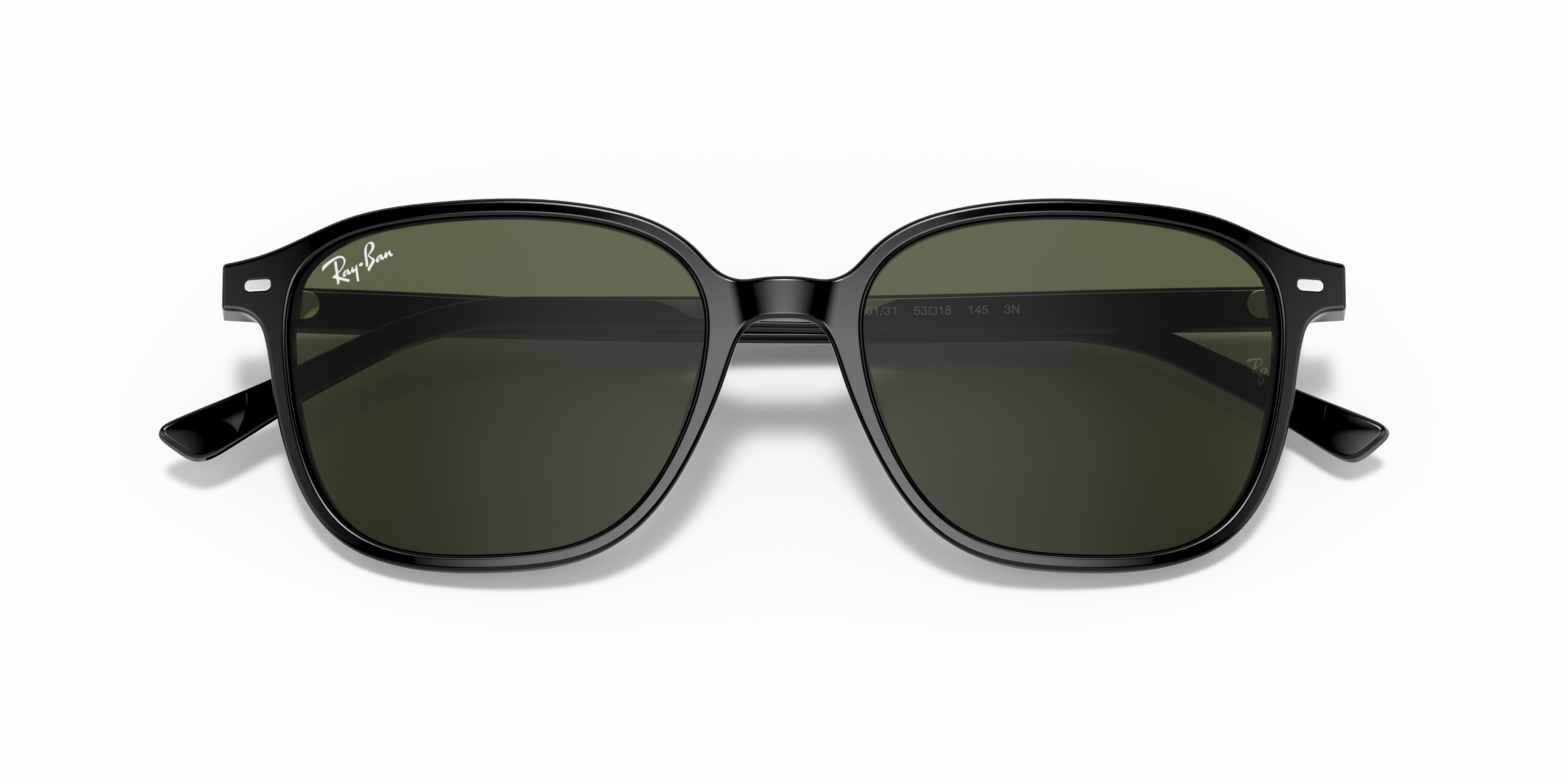 Occhiali da sole Ray-Ban Leonard 0RB2193 Striped Brown & Red appoggiati su una superficie chiara, che mostra la montatura sfu