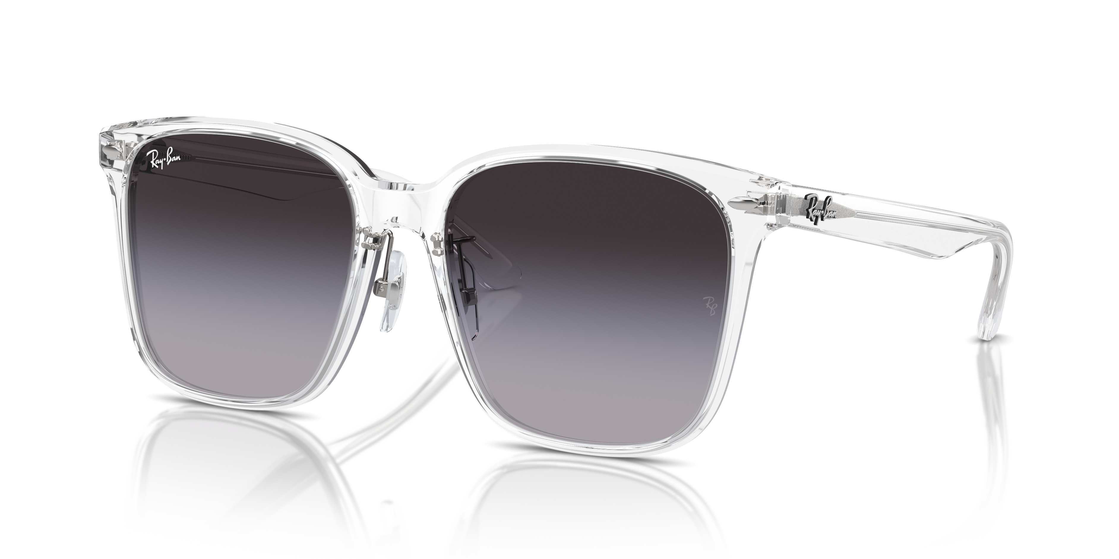 Occhiali da sole Ray-Ban RB2206D con montatura trasparente e lenti scure, posati su una superficie chiara, con astuccio e pan