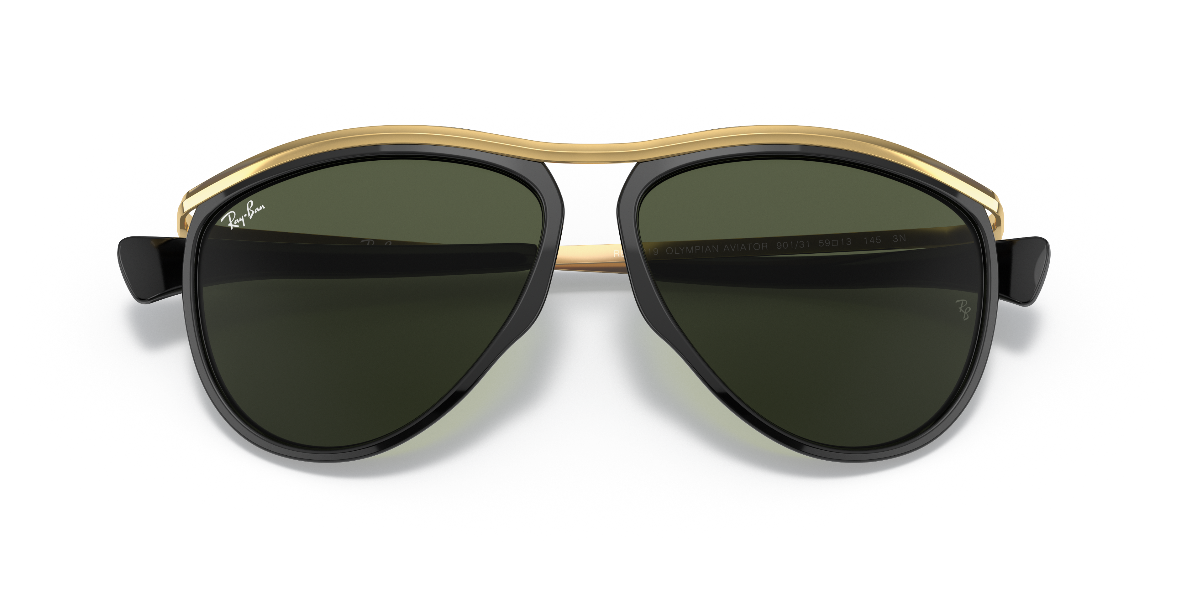Occhiali da sole Ray-Ban Olympian Aviator 0RB2219 neri unisex su sfondo chiaro, con lenti scure che riflettono leggermente l'