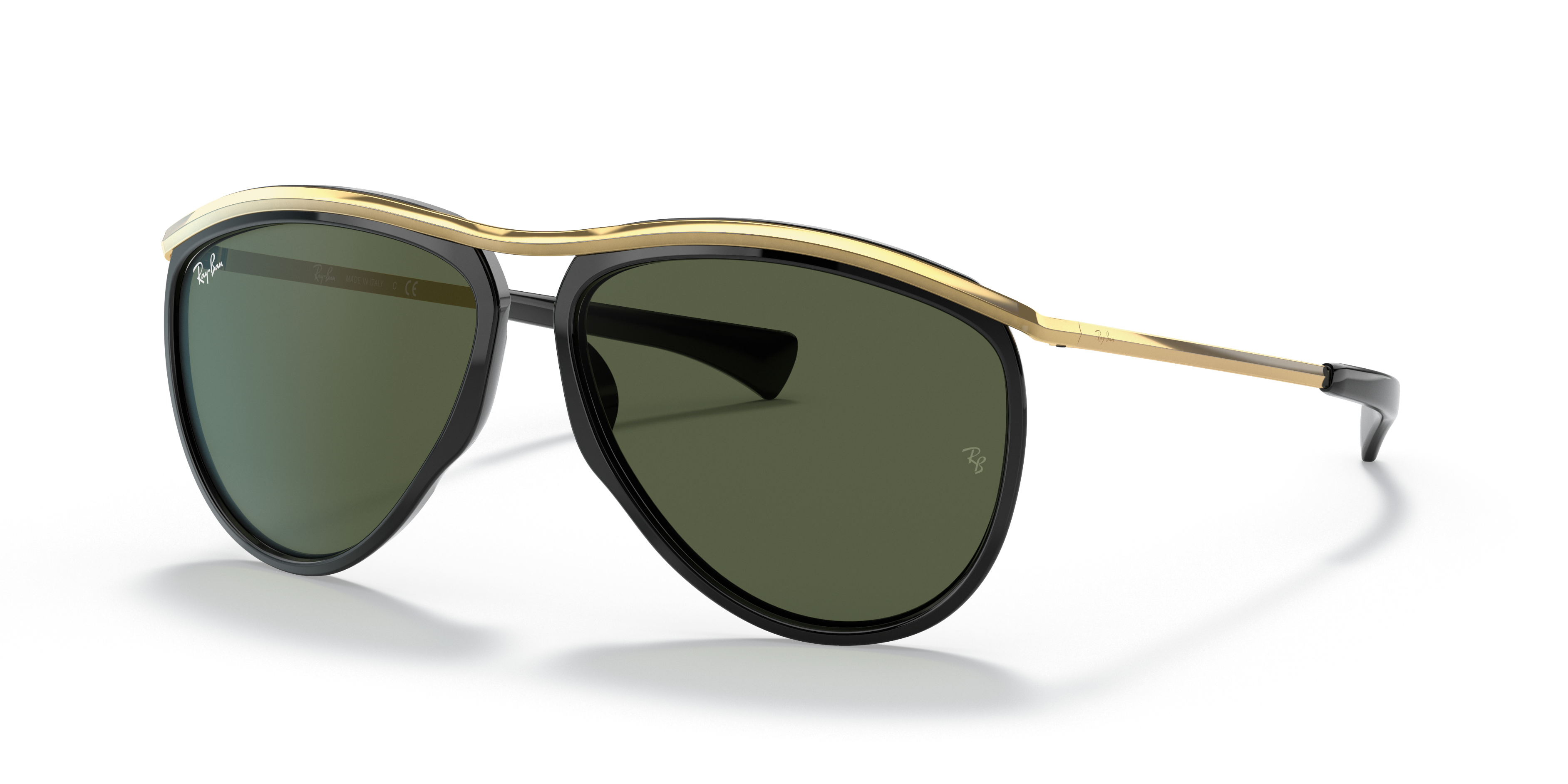 Occhiali da sole Ray-Ban Olympian Aviator 0RB2219 neri unisex su sfondo chiaro, con lenti scure che riflettono leggermente l'
