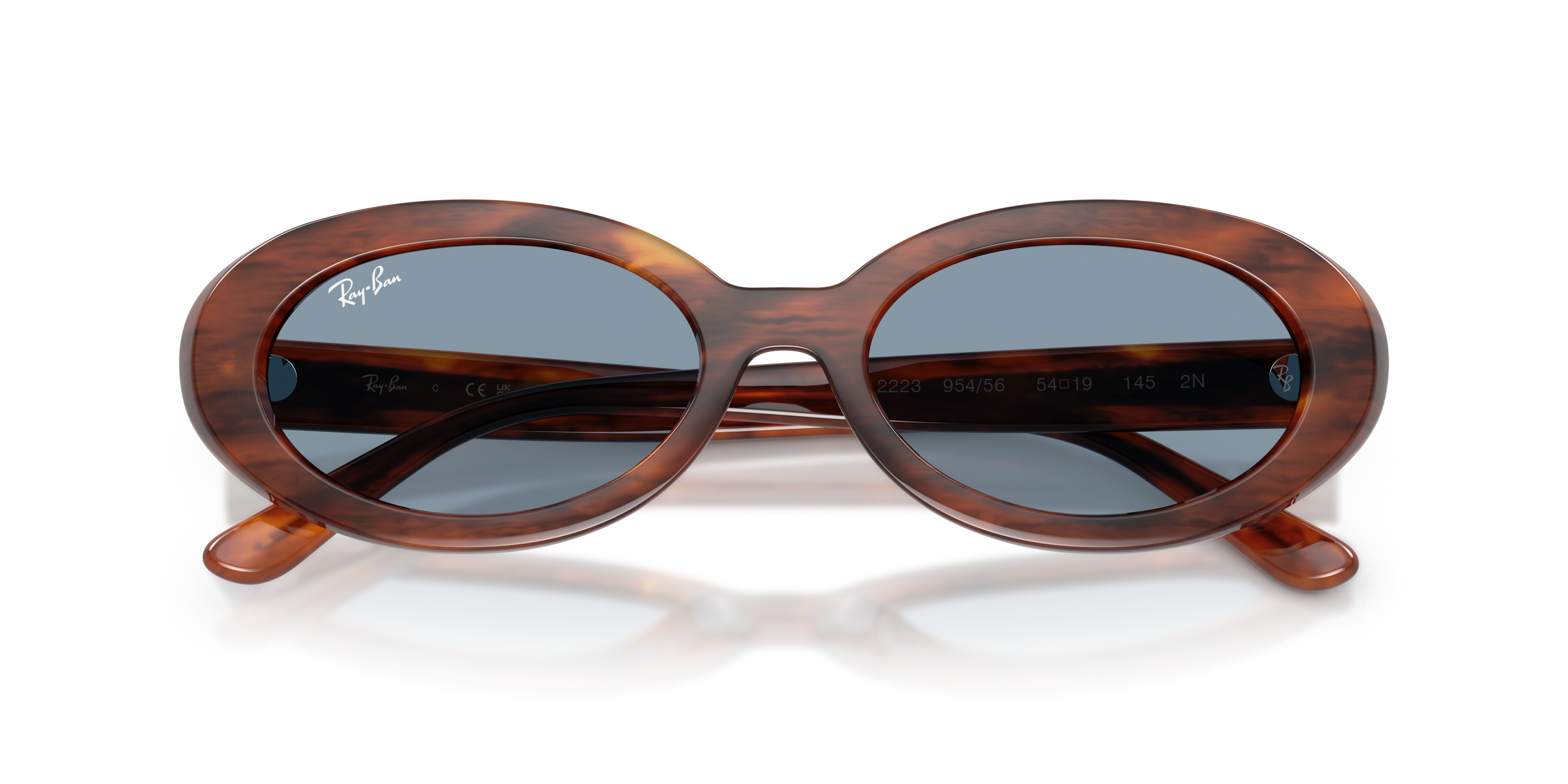 Occhiali da sole donna Ray-Ban modello RB2223 in acetato color Havana, montatura rotonda, su sfondo neutro che ne esalta il d