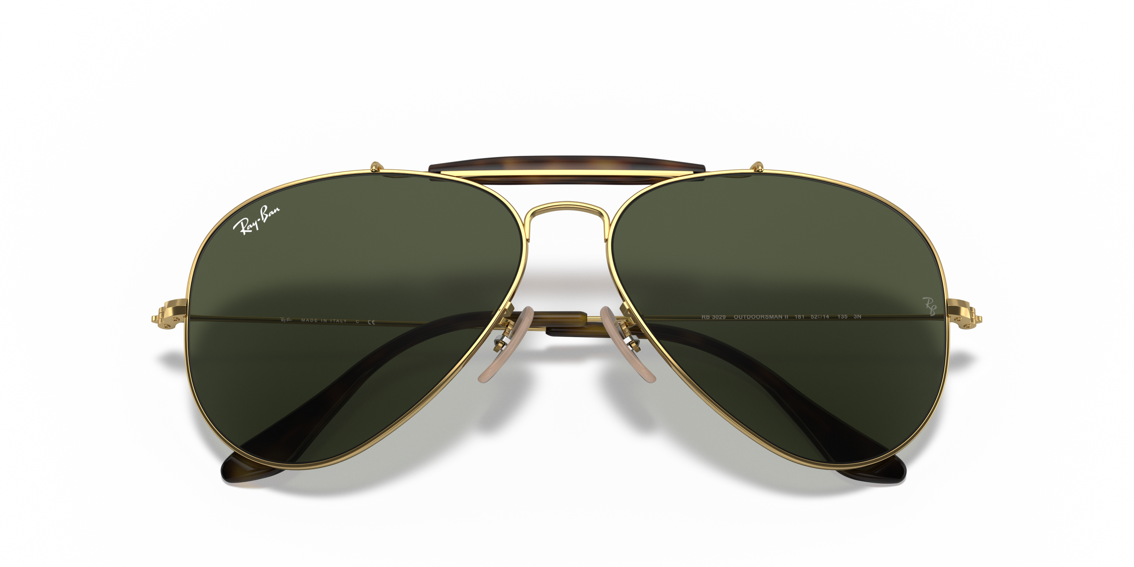 Occhiali da sole Ray-Ban Outdoorsman II 0RB3029 in finitura Arista Gold, con lenti marroni classiche. Vista frontale su sfond