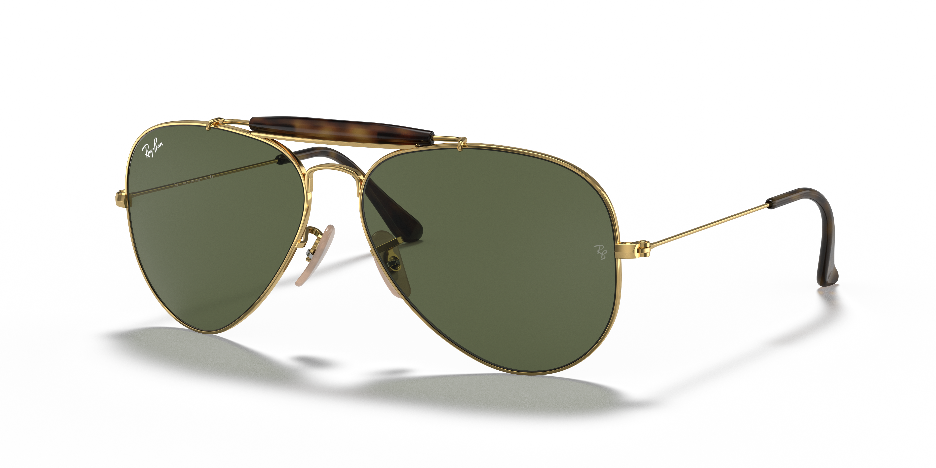 Occhiali da sole Ray-Ban Outdoorsman II 0RB3029 in finitura Arista Gold, con lenti marroni classiche. Vista frontale su sfond