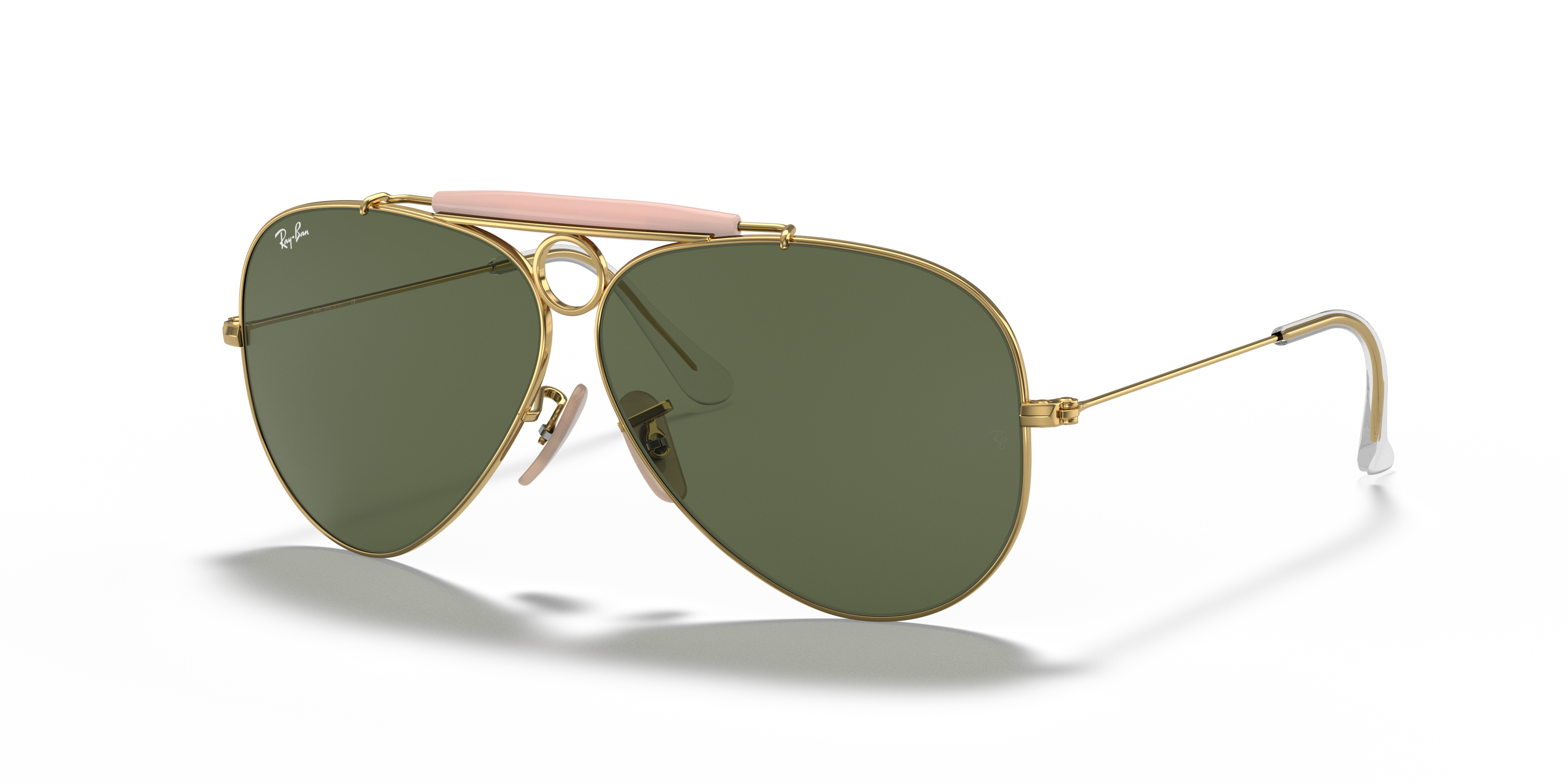 Occhiali da sole Ray-Ban Shooter 0RB3138 Arista Gold con montatura dorata e lenti verdi, visti frontalmente su sfondo chiaro.