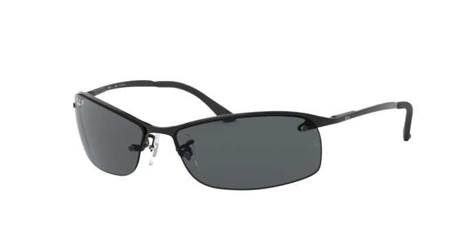 Occhiali da sole Ray-Ban RB3183 neri uomo, mostrati su un volto maschile all'aperto, con un riflesso nitido del paesaggio nel