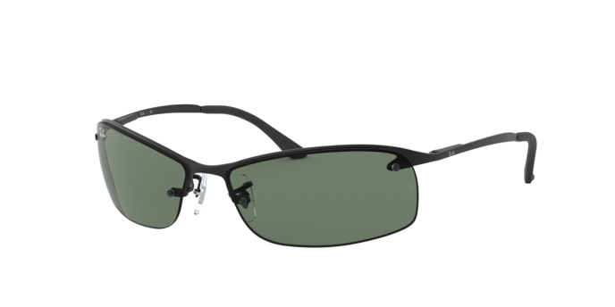 Occhiali da sole Ray-Ban RB3183 neri uomo, mostrati su un volto maschile all'aperto, con un riflesso nitido del paesaggio nel