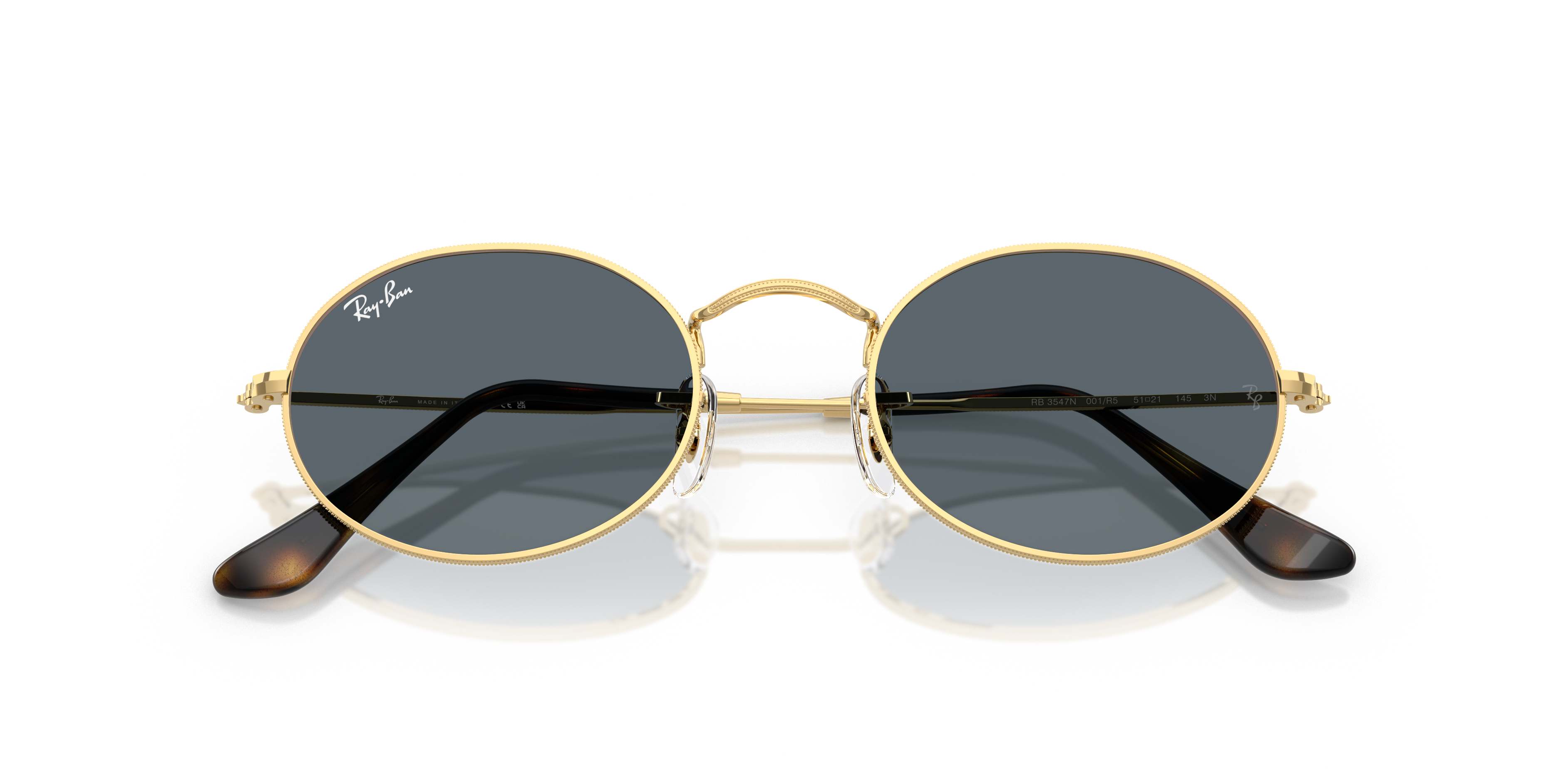 Occhiali da sole Ray-Ban Oval 0RB3547N neri unisex su sfondo neutro, che mostrano la montatura in metallo e le lenti scure.