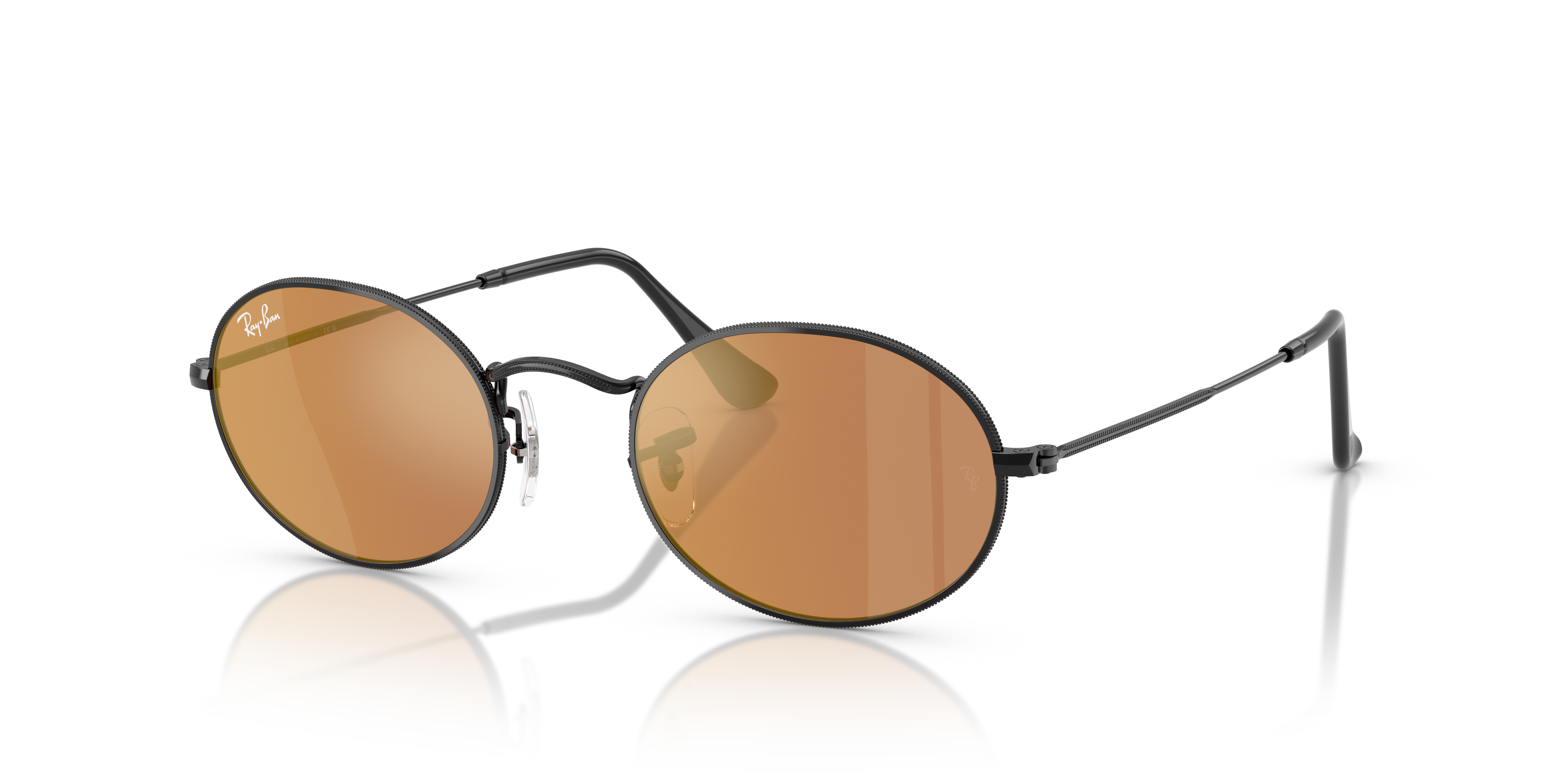 Occhiali da sole Ray-Ban Oval 0RB3547N neri unisex su sfondo neutro, che mostrano la montatura in metallo e le lenti scure.