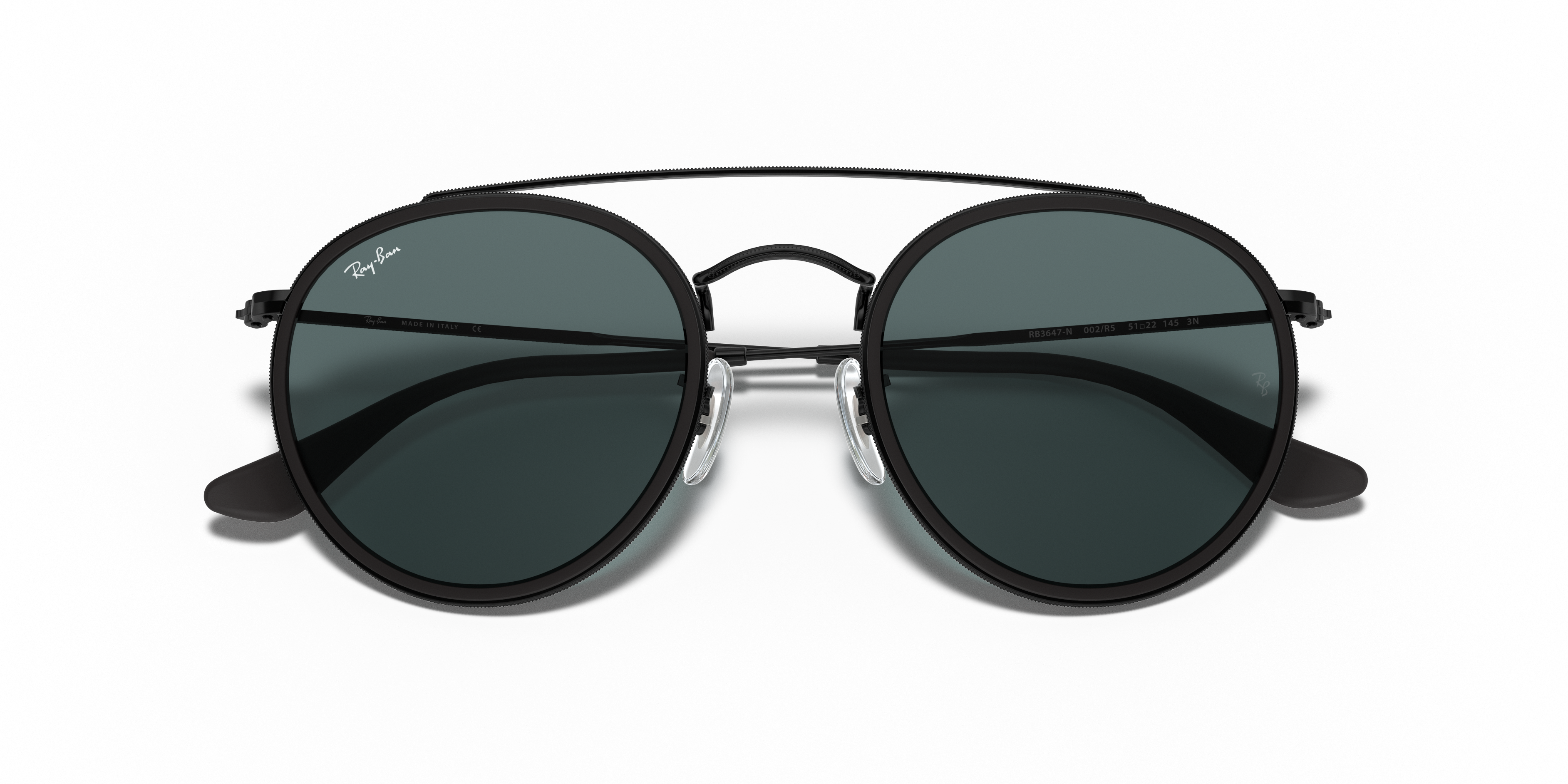 Occhiali da sole Ray-Ban RB3647N neri, modello Round Double Bridge con montatura metallica e lenti scure, mostrati frontalmen