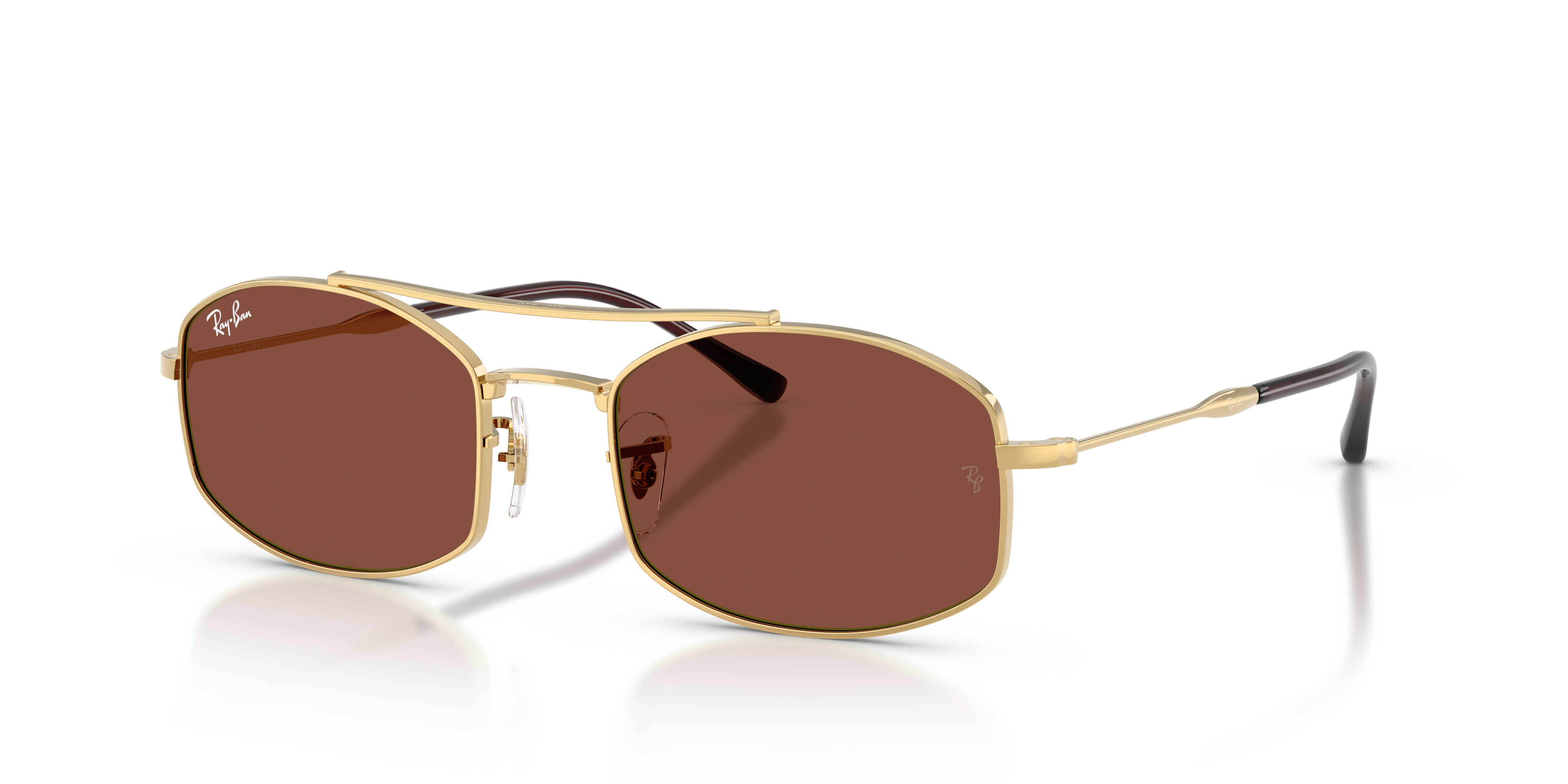 Occhiali da sole Ray-Ban RB3719 Arista Gold su sfondo bianco, montatura dorata lucida e lenti marroni che riflettono l'ambien