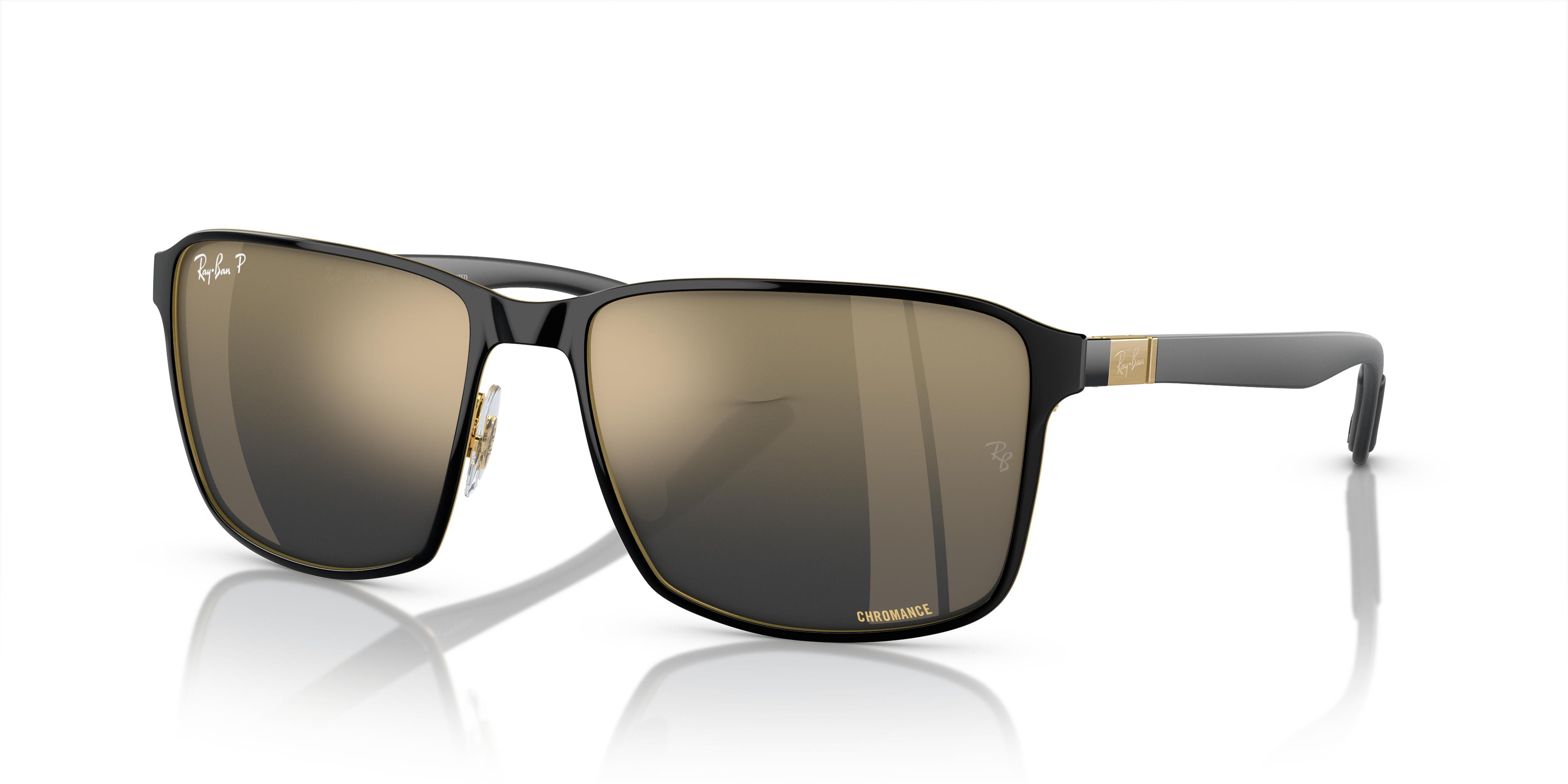 Occhiali da sole Ray-Ban RB3721CH polarizzati neri e oro, visti frontalmente su sfondo chiaro.