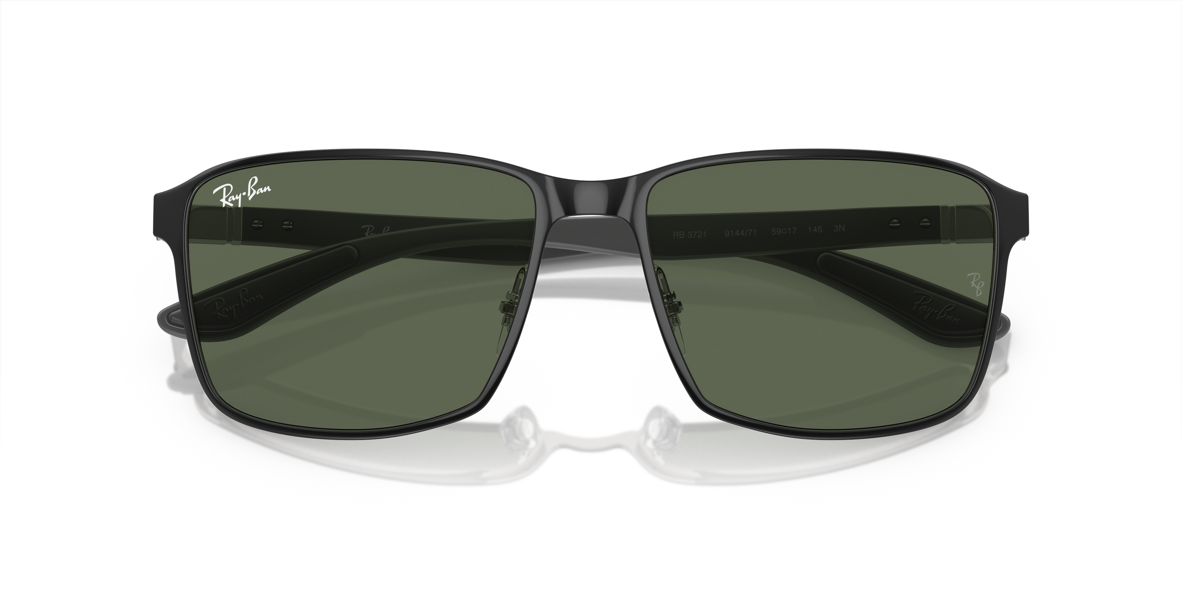 Occhiali da sole Ray-Ban RB3721 neri con montatura in metallo sottile e lenti tonde Black On Black, posizionati su una superf