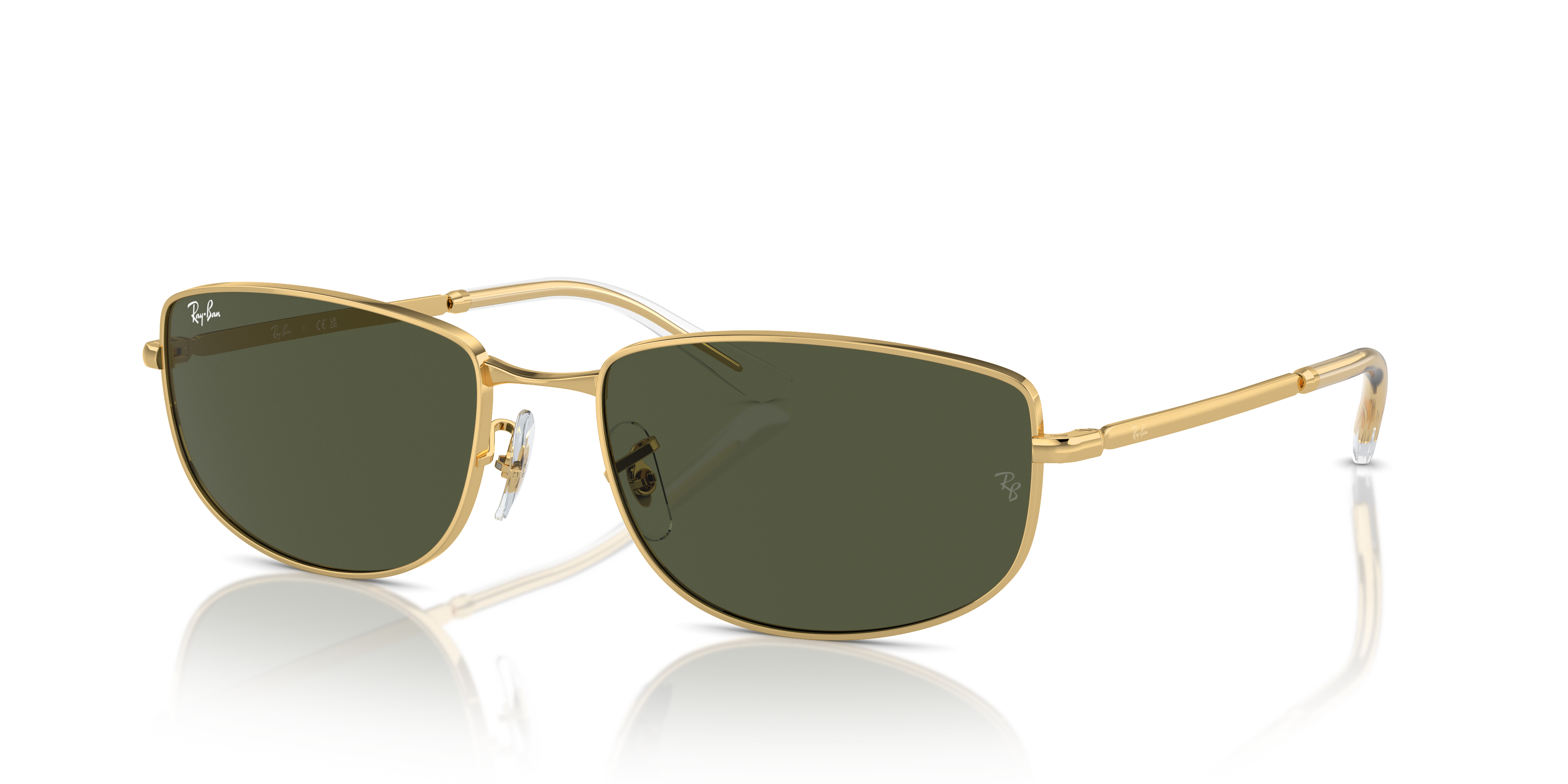 Occhiali da sole Ray-Ban 0RB3732 unisex con montatura Arista Gold e lenti classiche scure, posati su una superficie chiara.