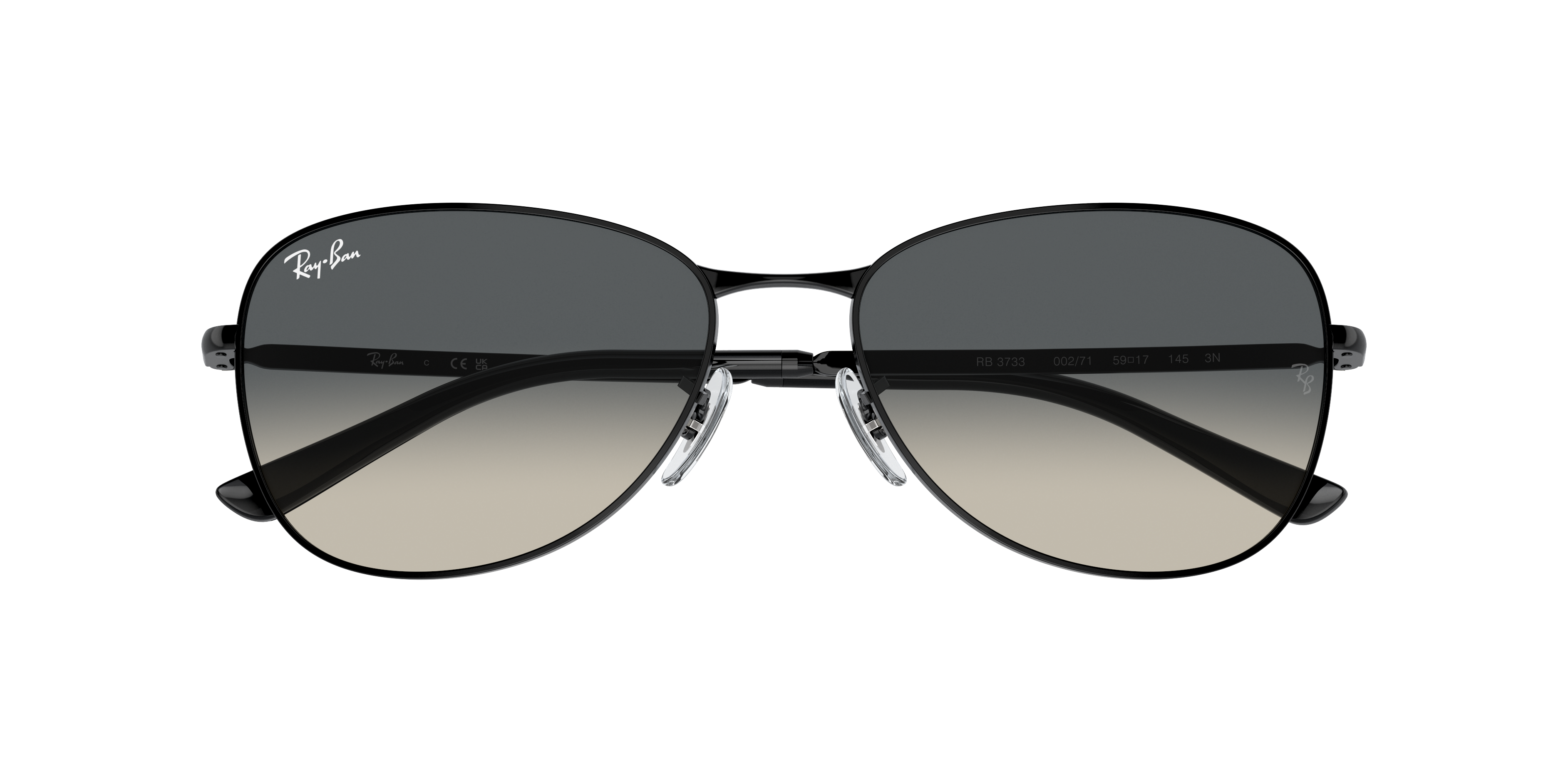 Occhiali da sole Ray-Ban 0RB3733 neri unisex con montatura in metallo lucido e lenti scure, posti su sfondo neutro e pulito.