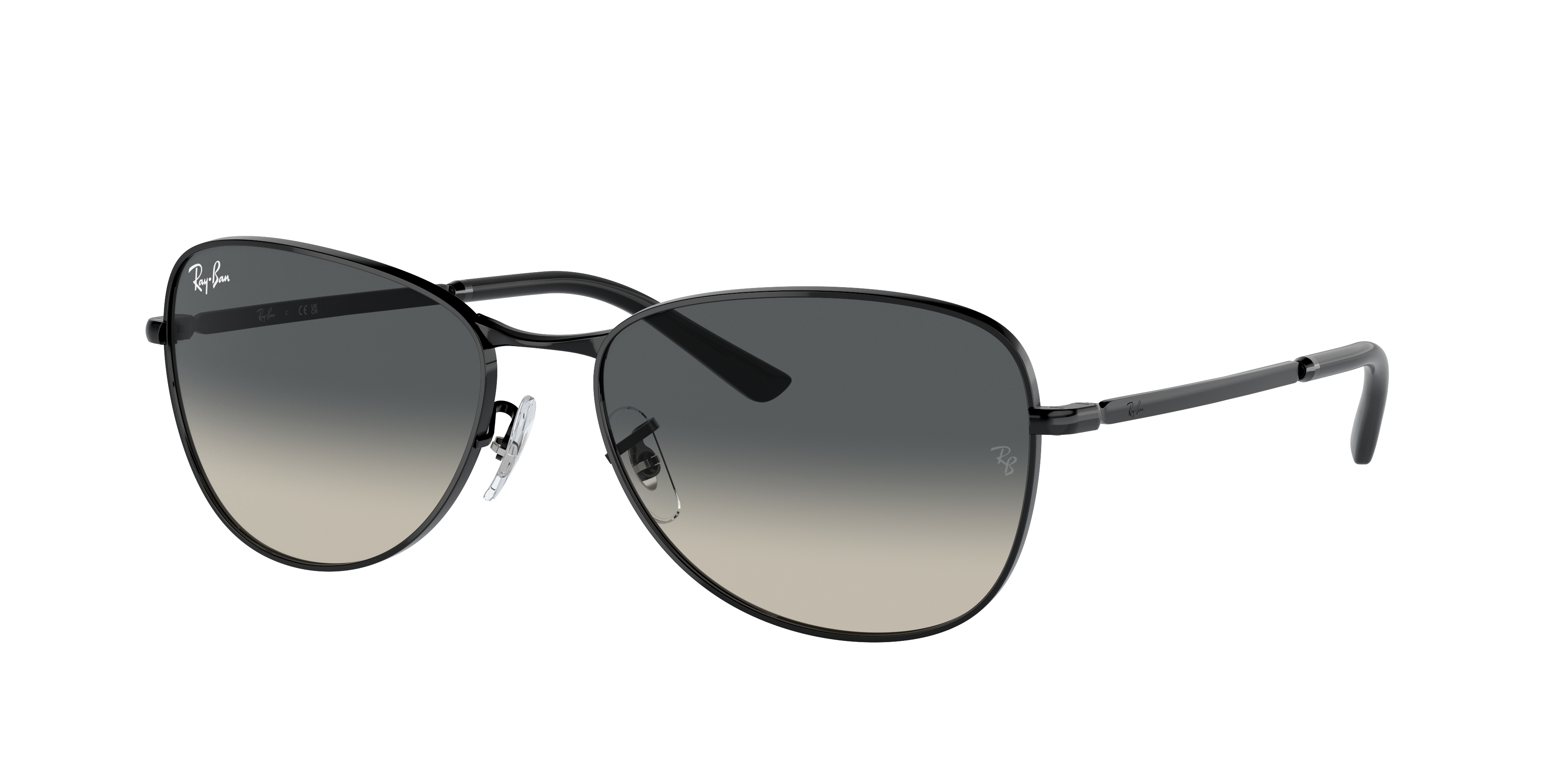Occhiali da sole Ray-Ban 0RB3733 neri unisex con montatura in metallo lucido e lenti scure, posti su sfondo neutro e pulito.