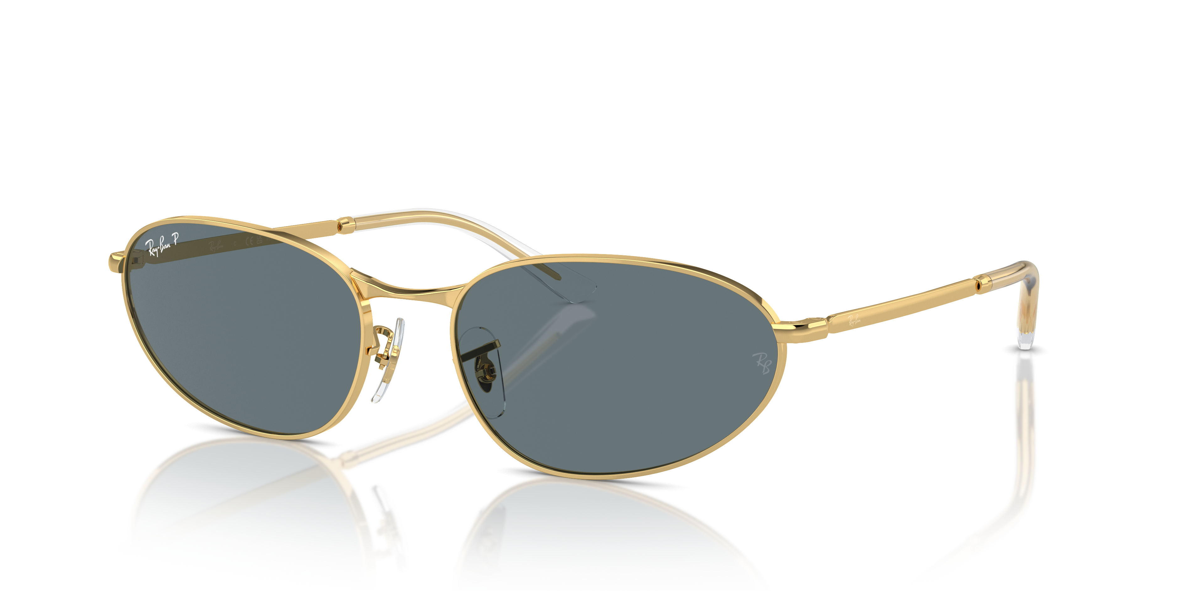 Occhiali da sole Ray-Ban RB3734 Arista Gold con montatura dorata lucida, indossati da una persona per mostrare lo stile unise