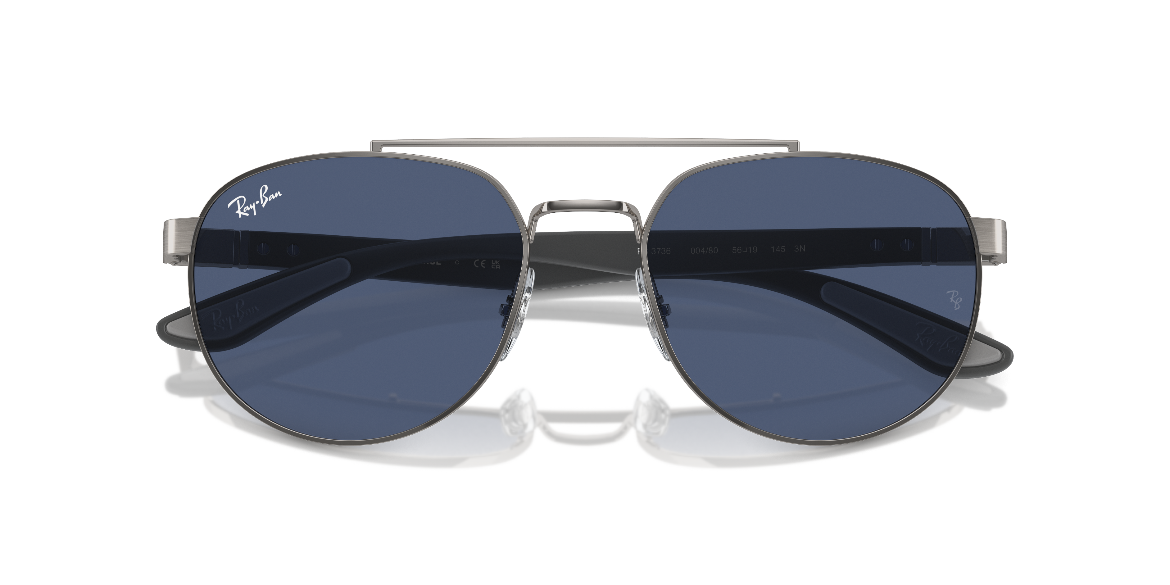 Occhiali da sole Ray-Ban RB3736 Gunmetal visti frontalmente su sfondo neutro, con montatura metallica color canna di fucile e