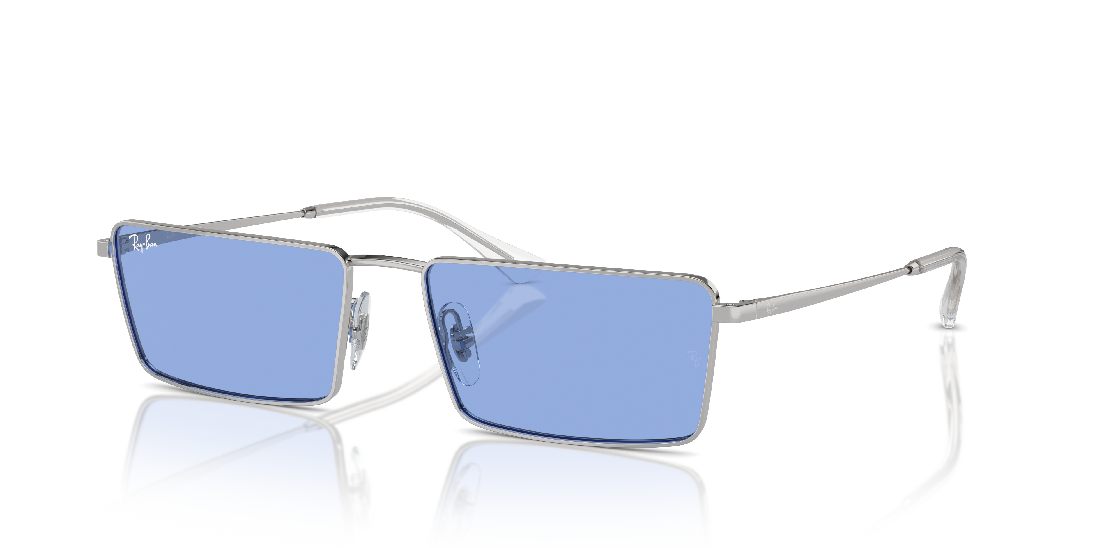 Occhiali da sole Ray-Ban Emy 0RB3741 Silver unisex, con montatura metallica sottile e lenti grigie sfumate, su sfondo chiaro.