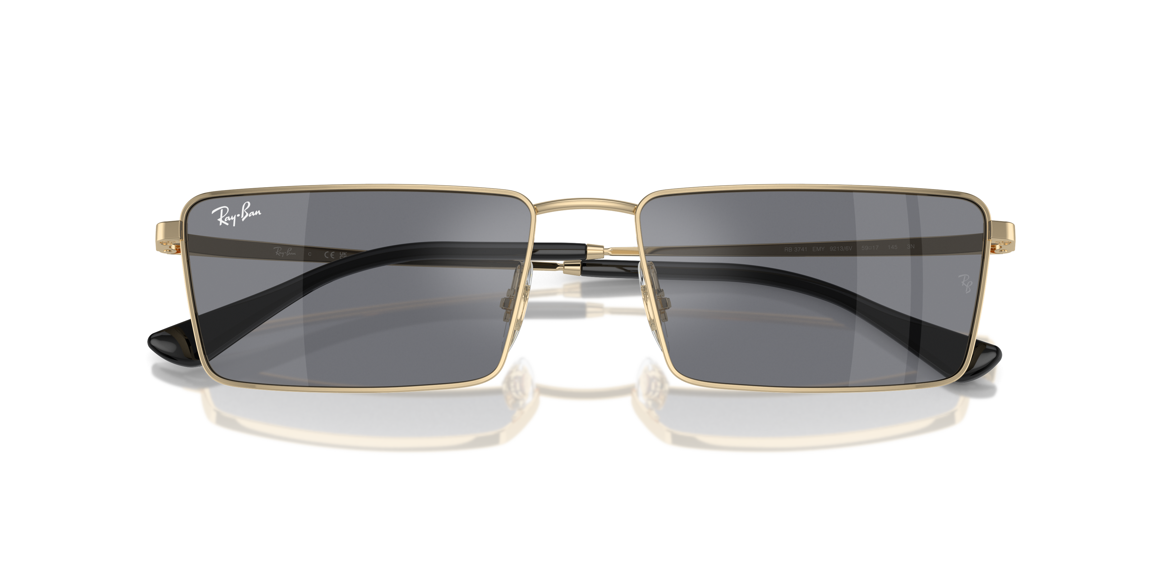 Occhiali da sole Ray-Ban Emy 0RB3741 Silver unisex, con montatura metallica sottile e lenti grigie sfumate, su sfondo chiaro.