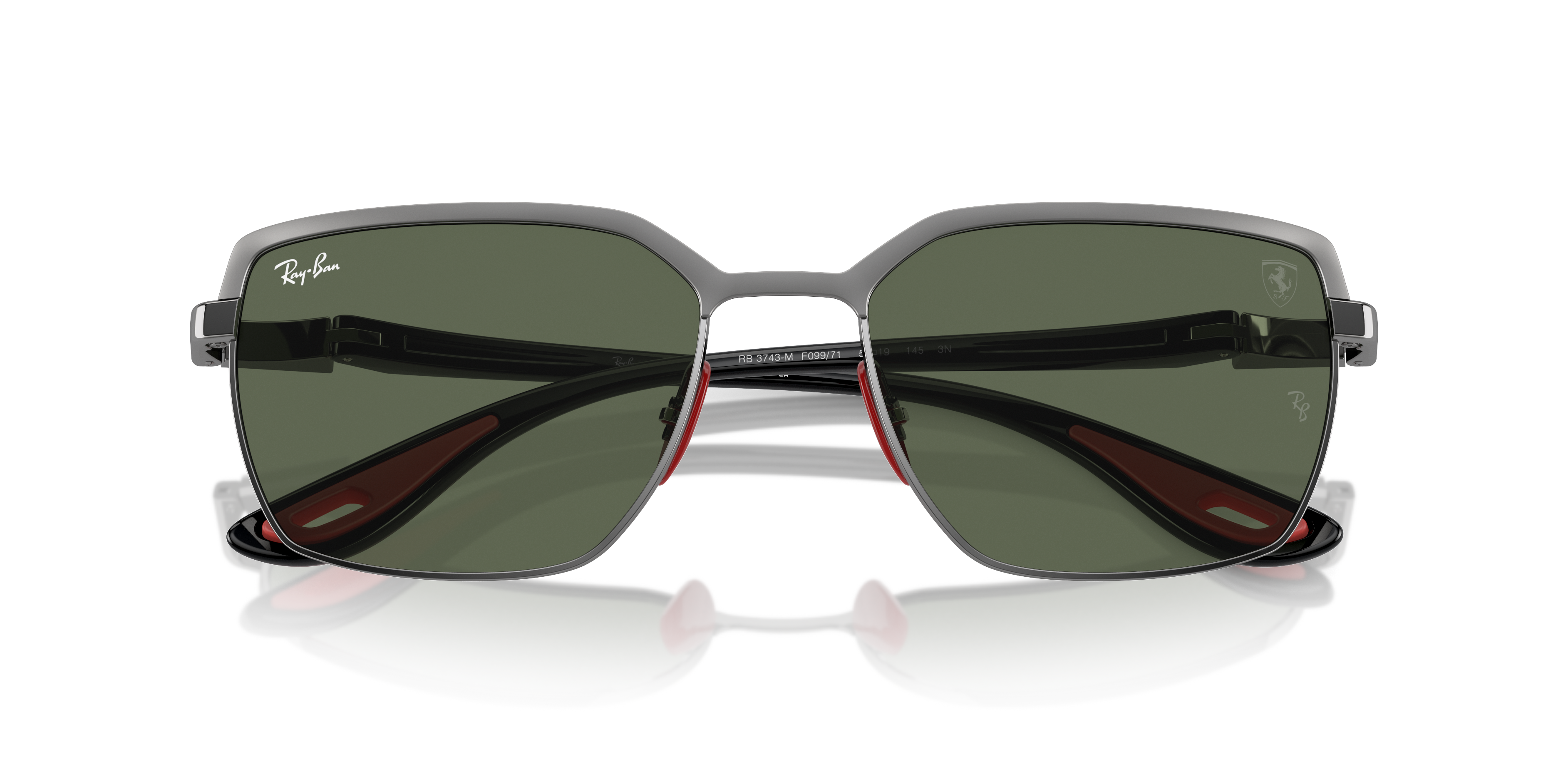 Occhiali da sole Ray-Ban Scuderia Ferrari 0RB3743M in metallo Gunmetal con lenti scure e aste rosse in vista laterale.