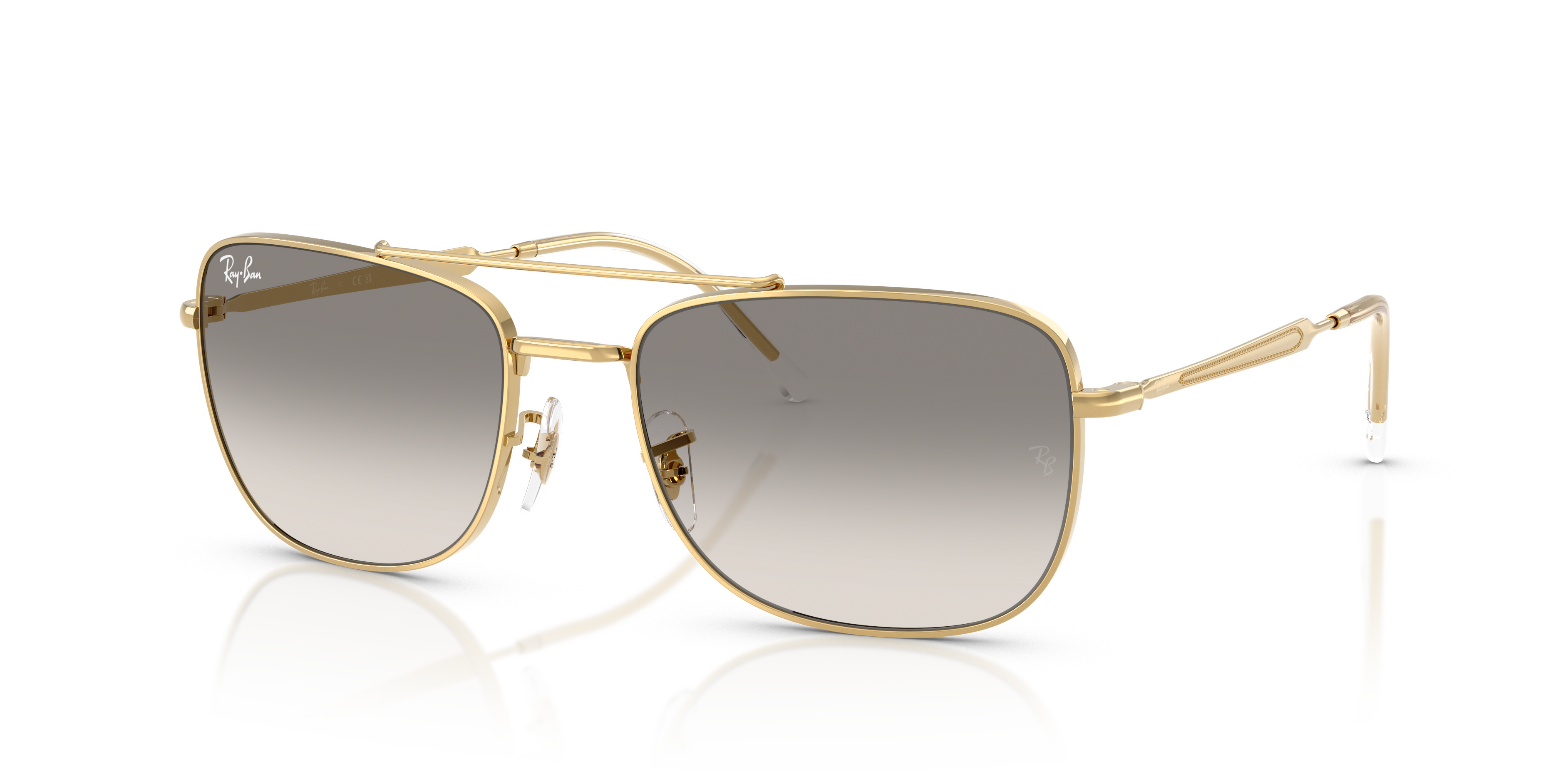 Occhiali da sole Ray-Ban RB3755 Arista Gold con montatura metallica dorata e lenti marroni, su sfondo neutro, mostrati fronta