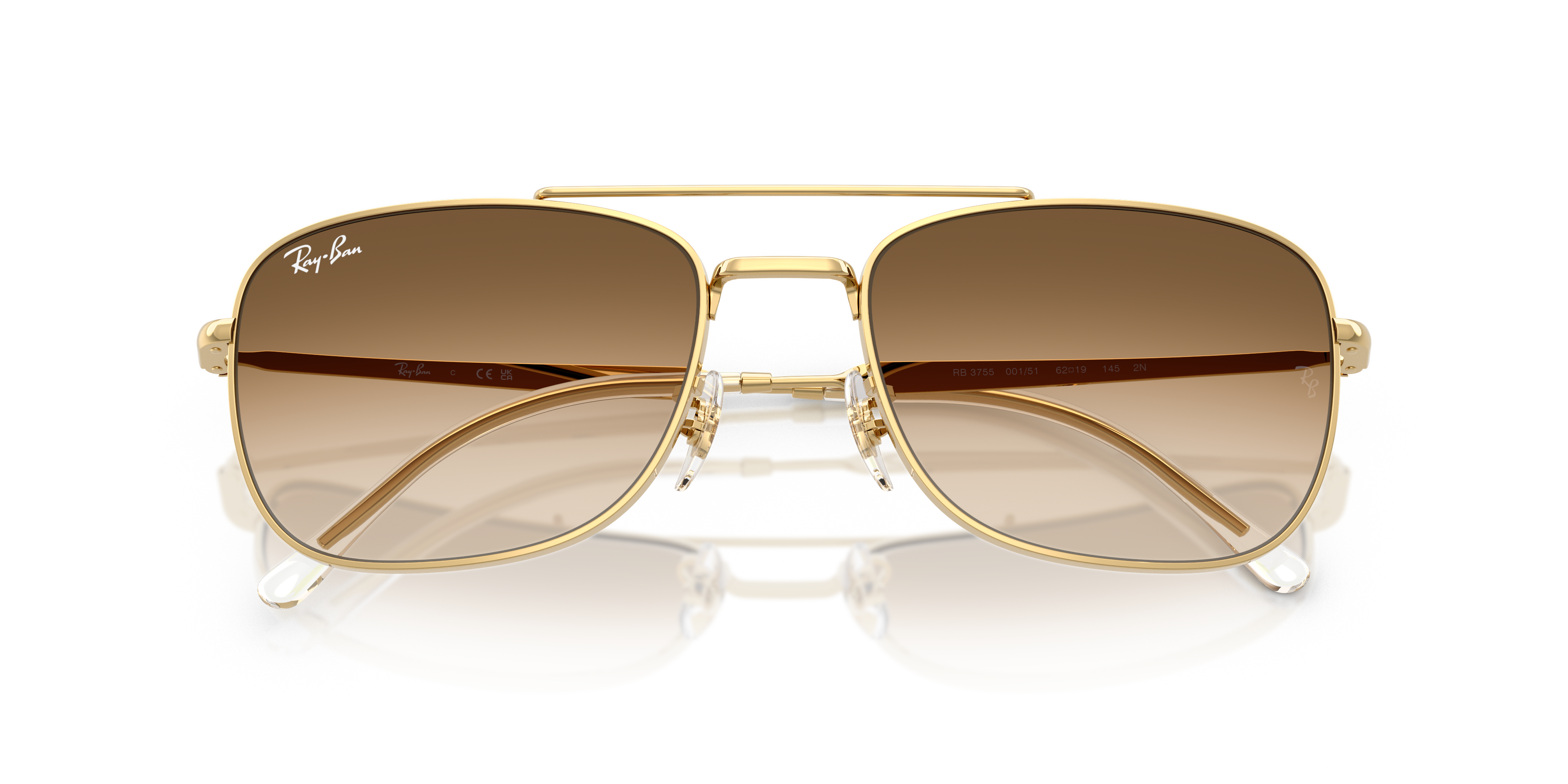 Occhiali da sole Ray-Ban RB3755 Arista Gold con montatura metallica dorata e lenti marroni, su sfondo neutro, mostrati fronta