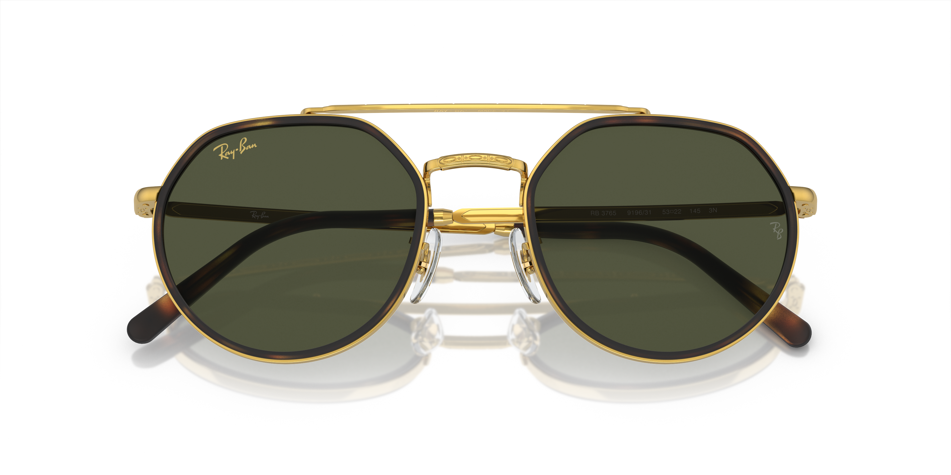Occhiali da sole Ray-Ban RB3765 Arista Gold unisex su sfondo chiaro, che mostrano la montatura metallica dorata e le lenti sc